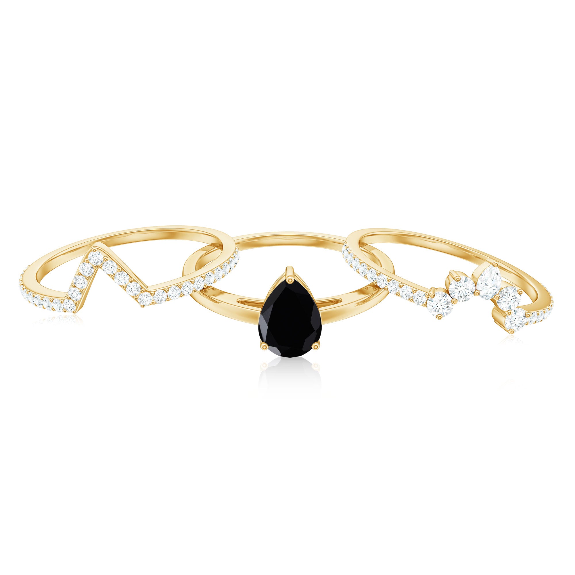 Certified Natural Black Spinel 3 Piece Wedding Ring Set with Moissanite AAA - Rosec Jewels