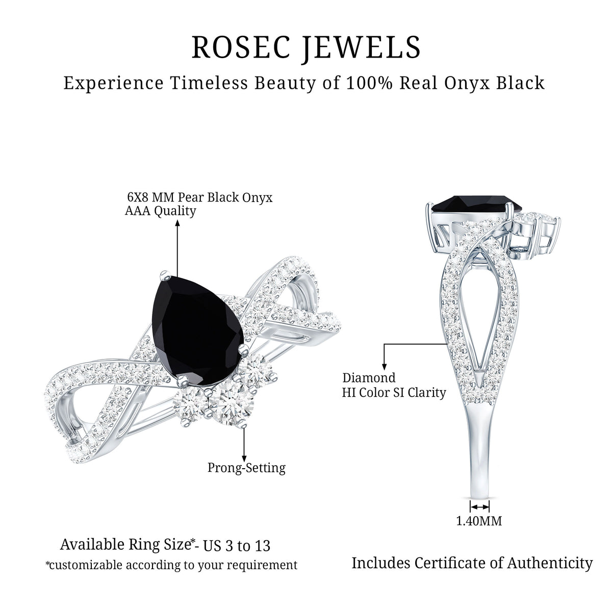 1 Carat Pear Shaped Black Onyx Designer Engagement Ring with Diamond AAA - Rosec Jewels