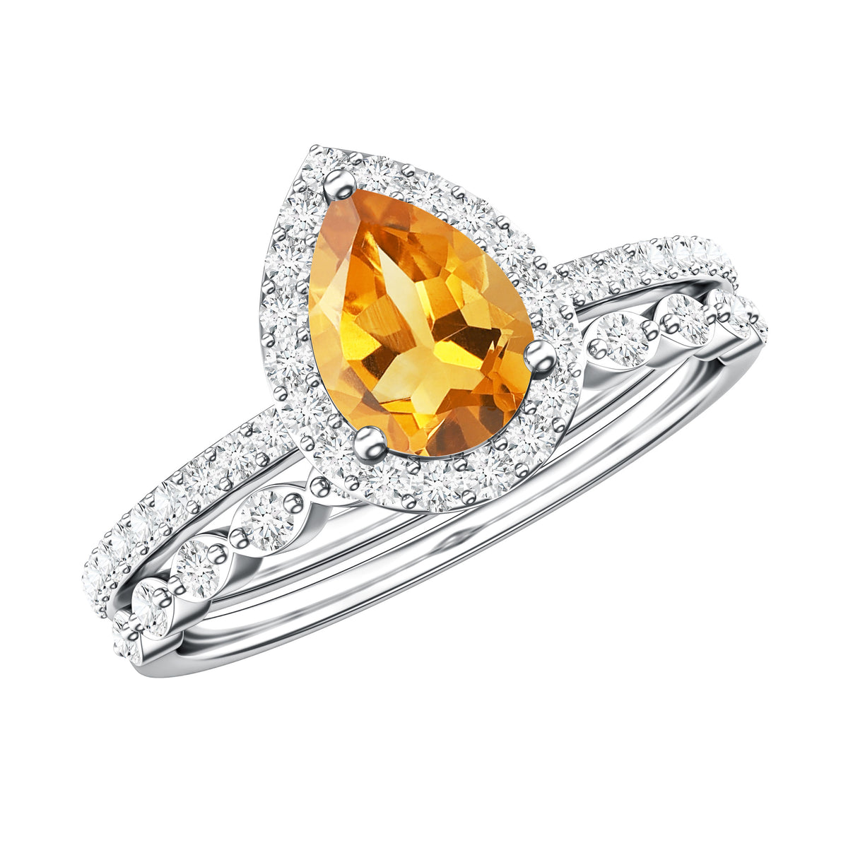 Real 0.6 Carat Citrine Teardrop Bridal Ring Set with Diamond AAA - Rosec Jewels
