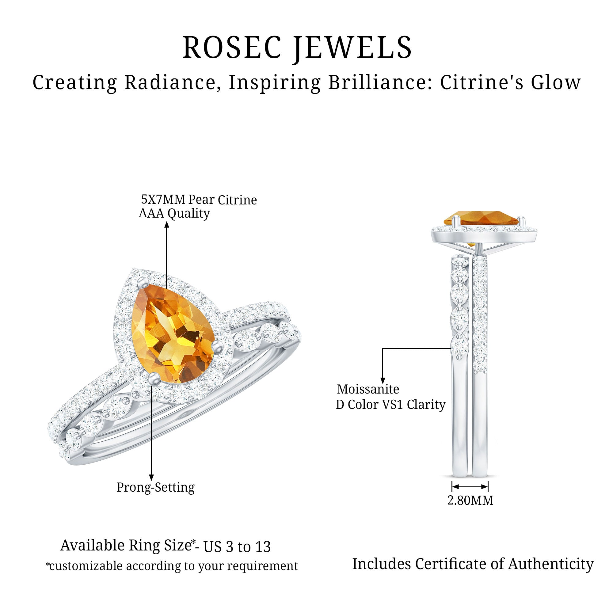 Rosec Jewels-Real 0.6 Carat Citrine Teardrop Bridal Ring Set with Diamond