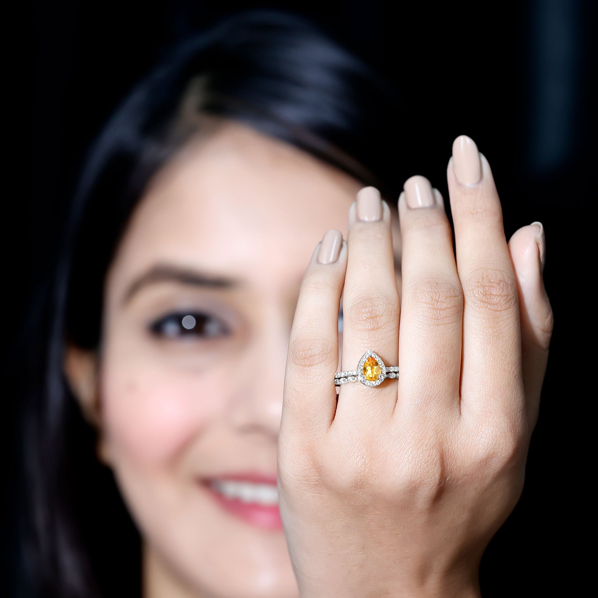 Rosec Jewels-Real 0.6 Carat Citrine Teardrop Bridal Ring Set with Diamond