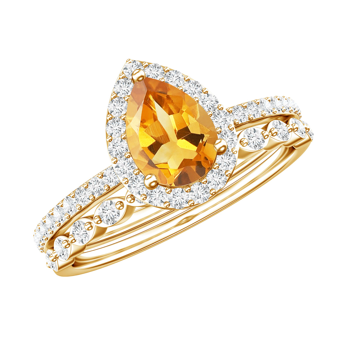 Real 0.6 Carat Citrine Teardrop Bridal Ring Set with Diamond AAA - Rosec Jewels