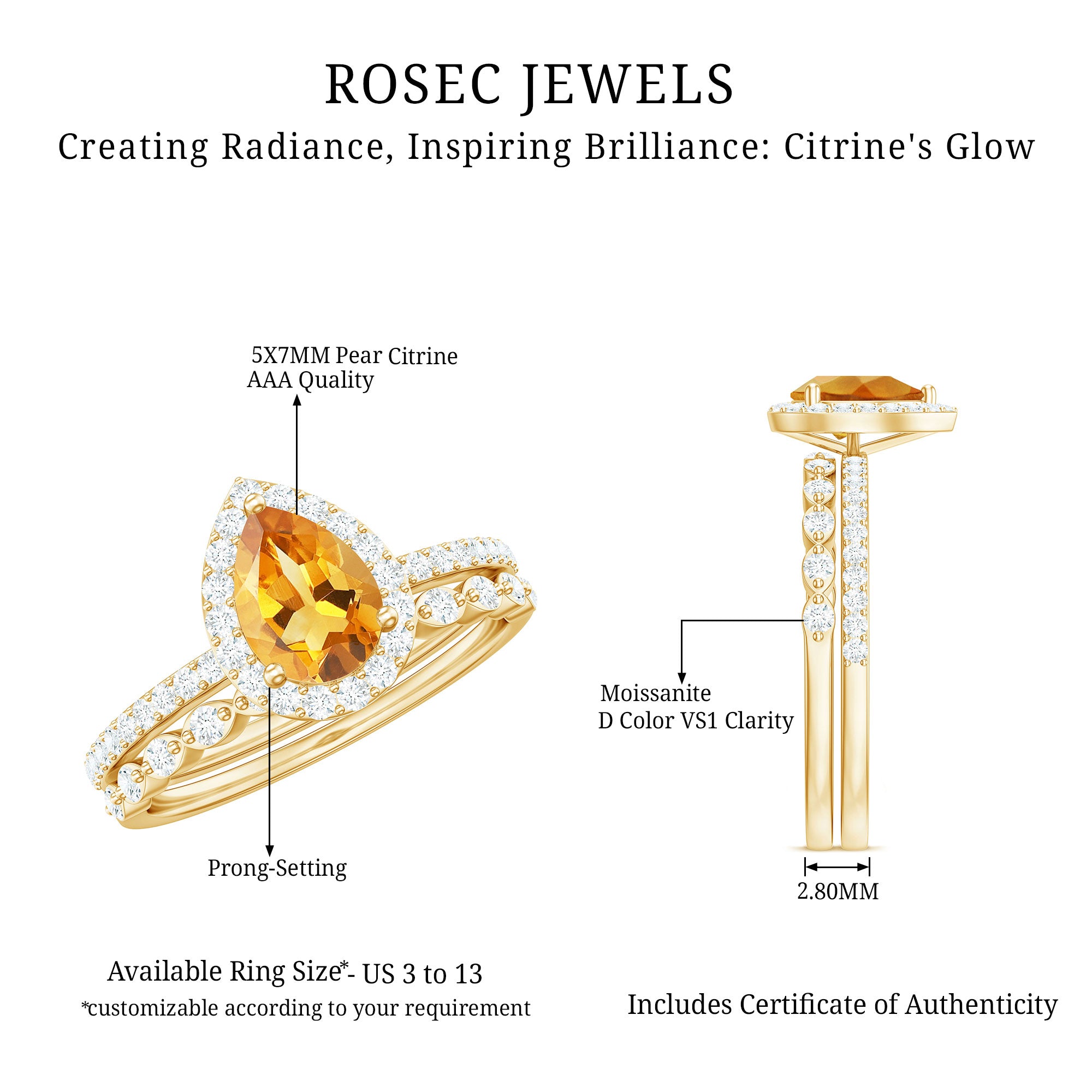 Rosec Jewels-Real 0.6 Carat Citrine Teardrop Bridal Ring Set with Diamond