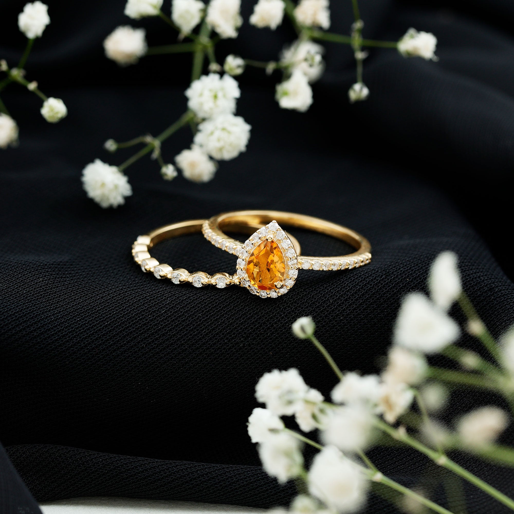Rosec Jewels-Real 0.6 Carat Citrine Teardrop Bridal Ring Set with Diamond