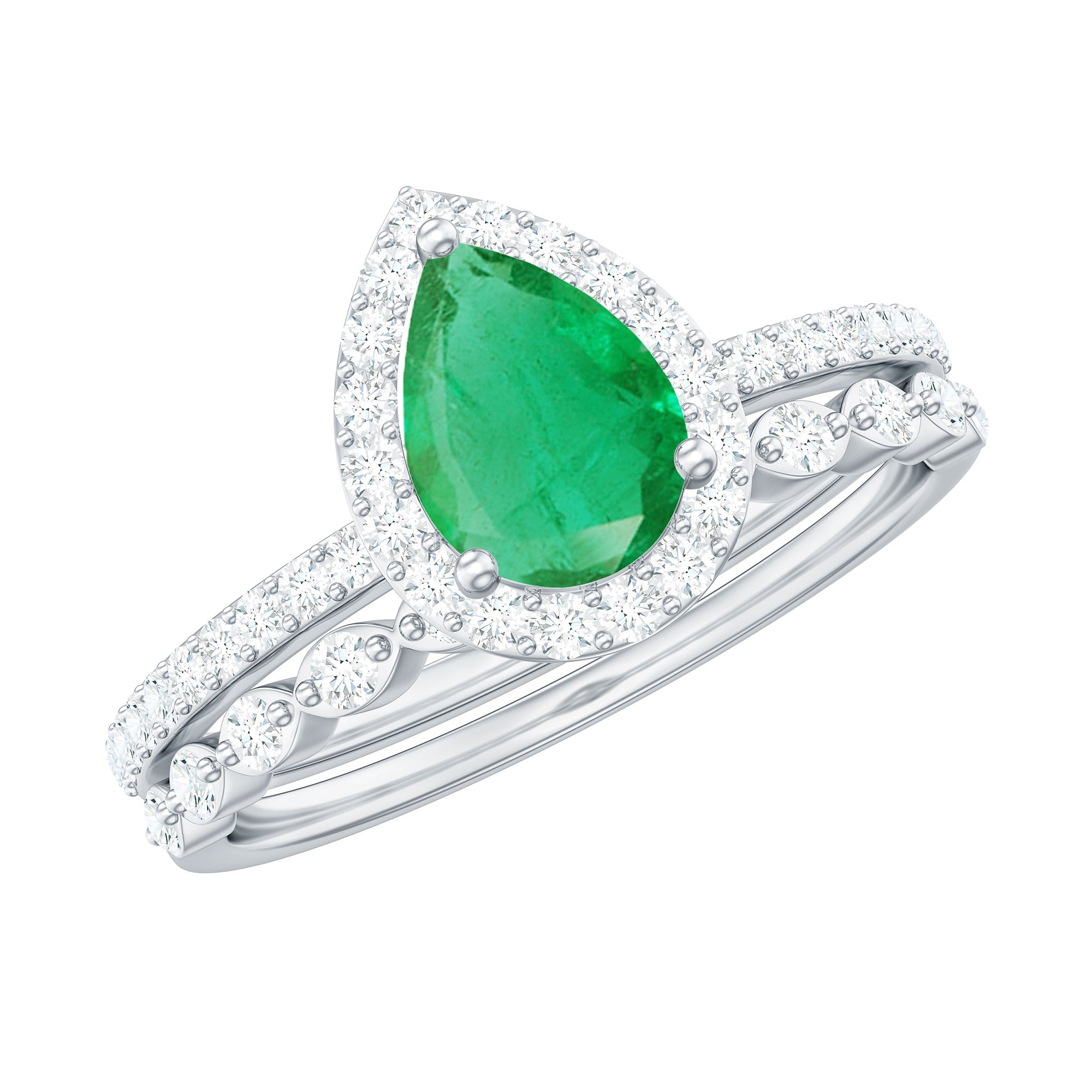 Rosec Jewels-Natural Emerald Diamond Teardrop Engagement Ring and Wedding Band Set