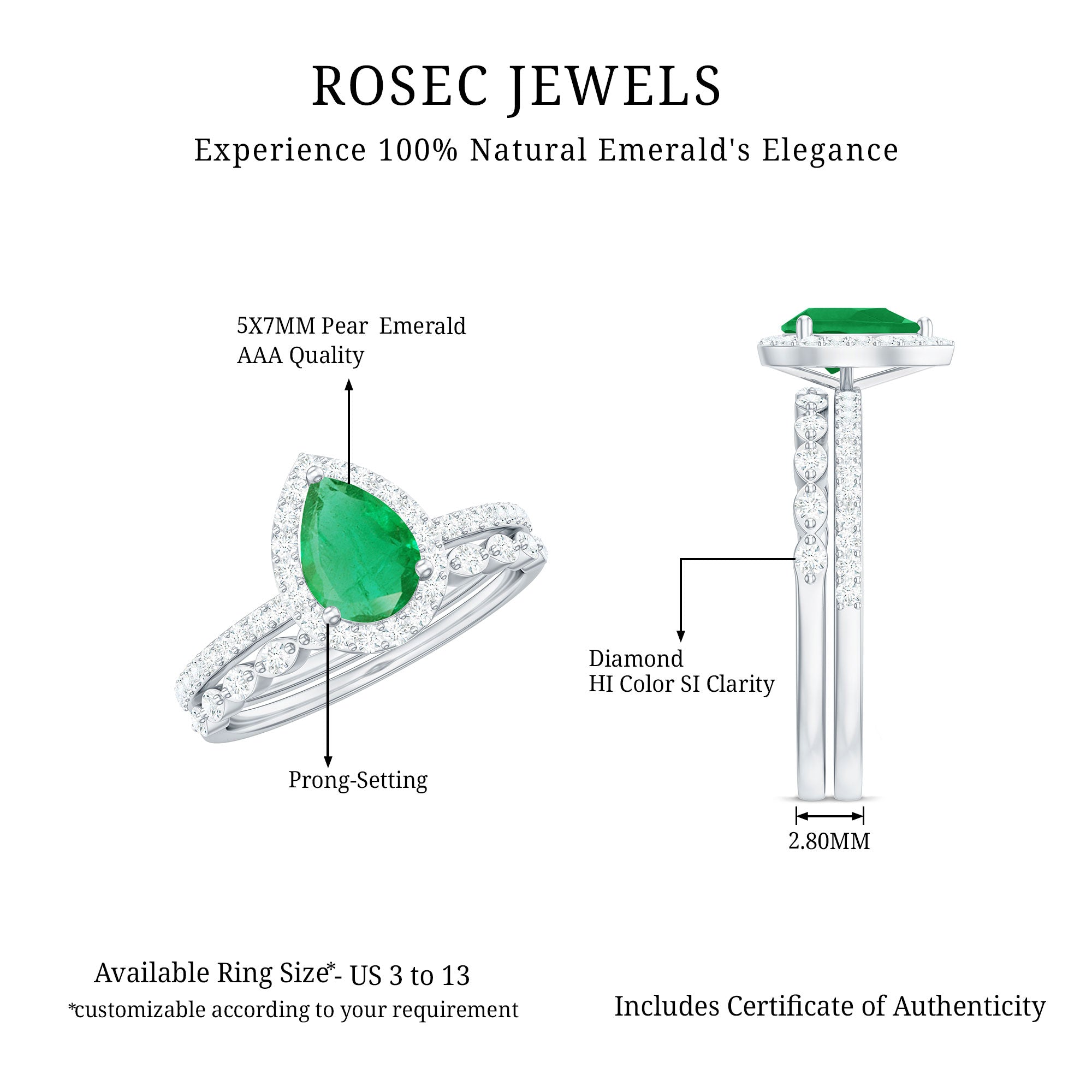 Rosec Jewels-Natural Emerald Diamond Teardrop Engagement Ring and Wedding Band Set