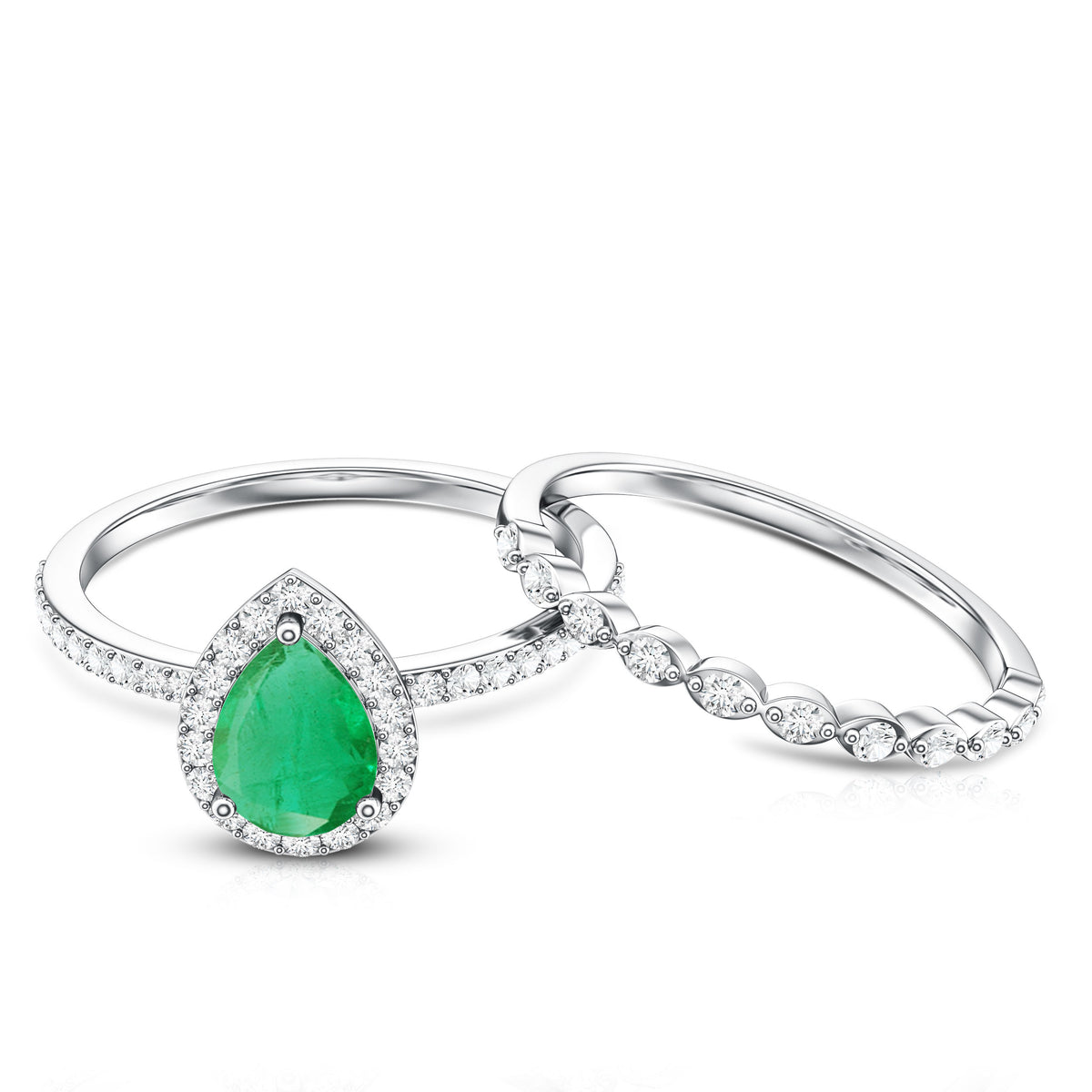 Natural Emerald Diamond Teardrop Engagement Ring and Wedding Band Set AAA - Rosec Jewels