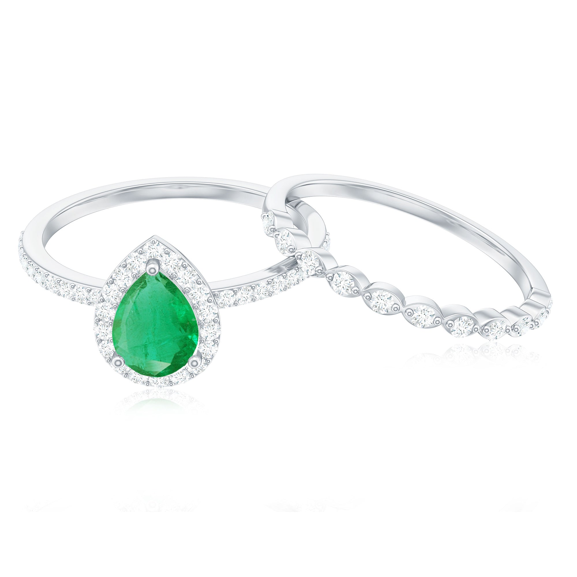 Rosec Jewels-Natural Emerald Diamond Teardrop Engagement Ring and Wedding Band Set