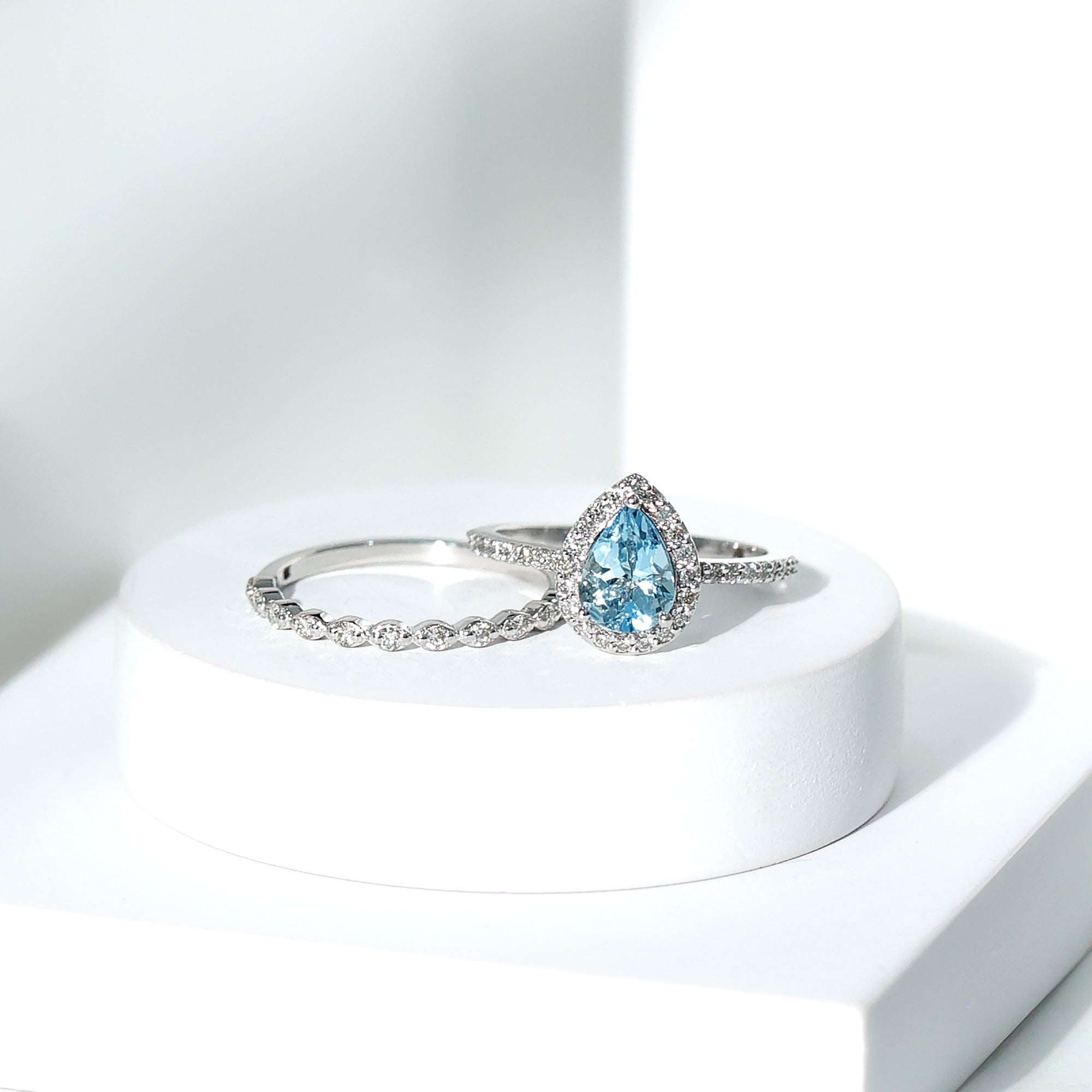 Rosec Jewels-Genuine 1 Carat Aquamarine Bridal Ring Set with Diamond