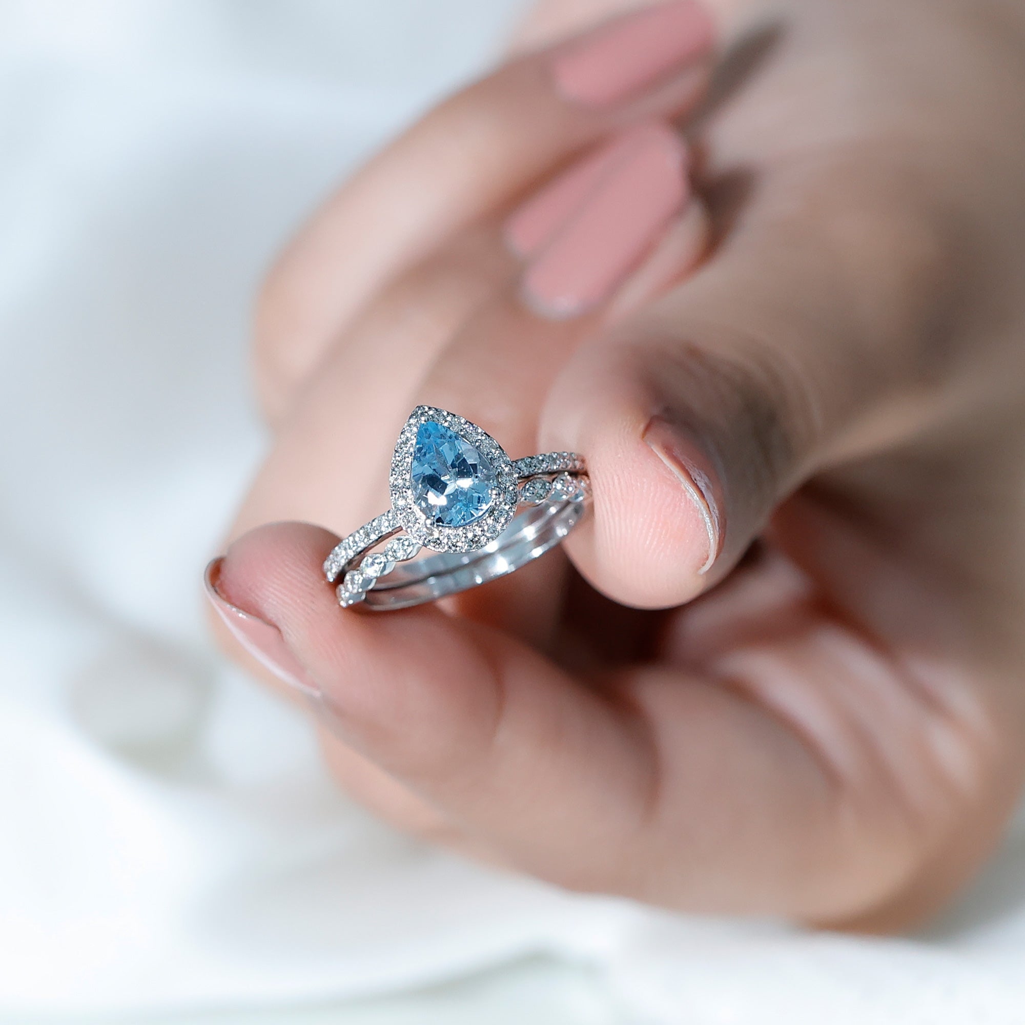 Genuine 1 Carat Aquamarine Bridal Ring Set with Diamond – Rosec Jewels