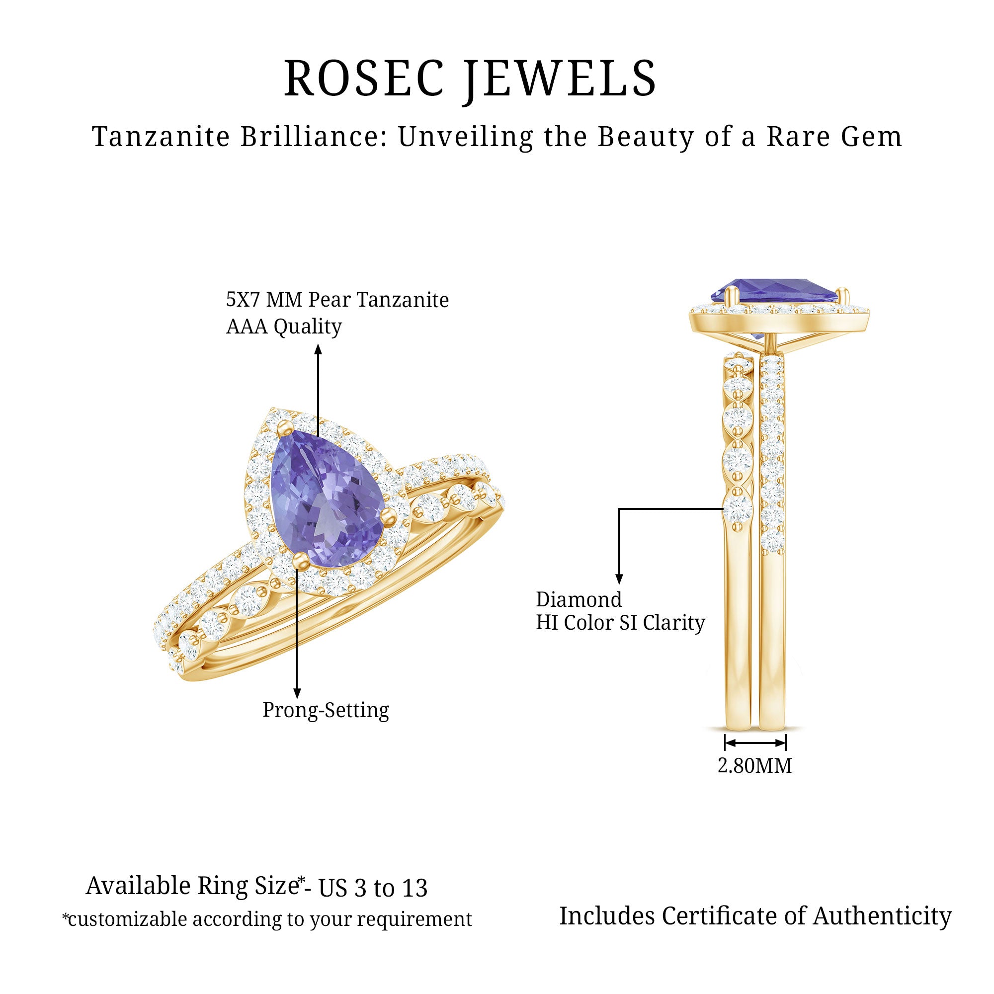 Rosec Jewels-Natural Pear Shape Tanzanite Diamond Wedding Engagement Ring Set of 2