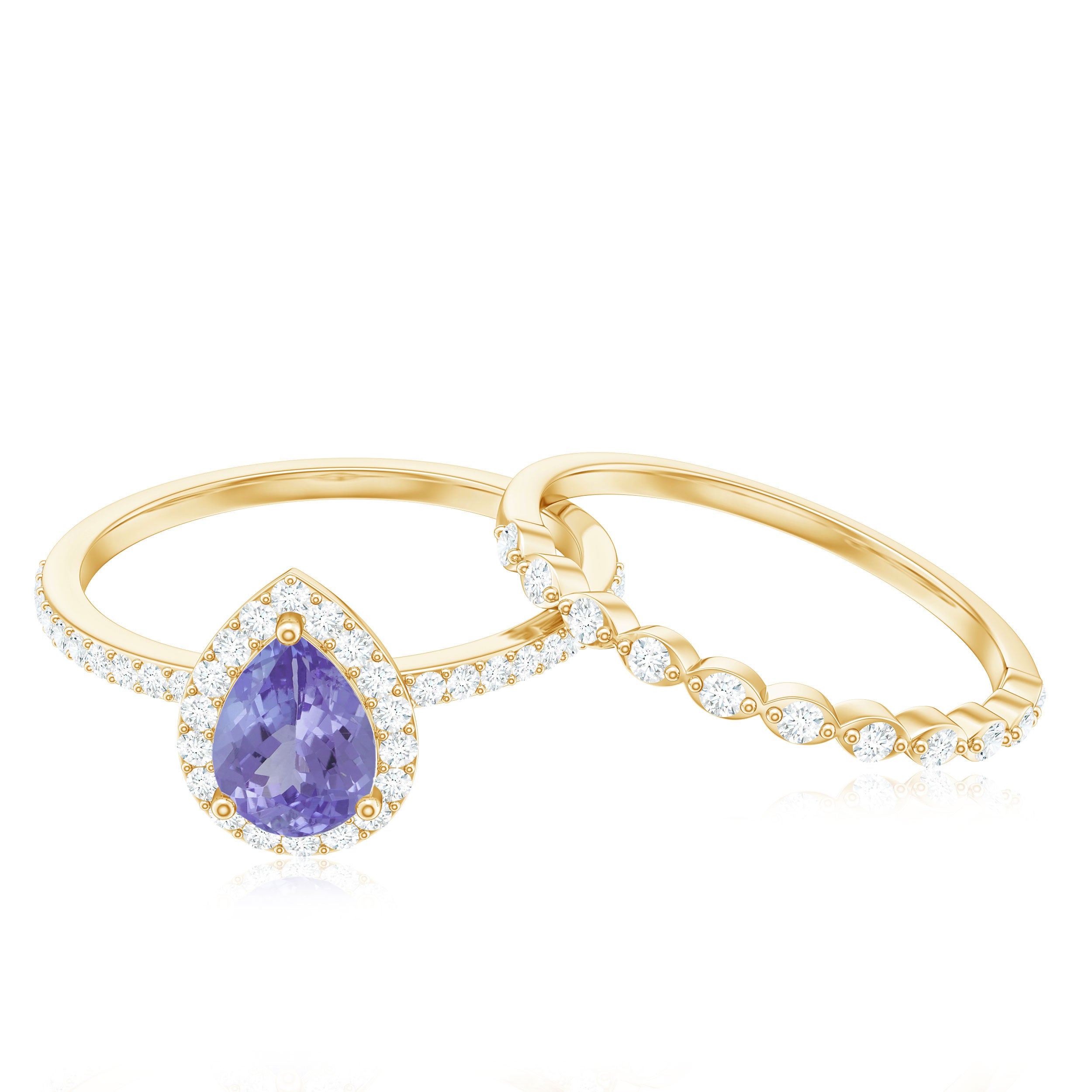 Rosec Jewels-Natural Pear Shape Tanzanite Diamond Wedding Engagement Ring Set of 2