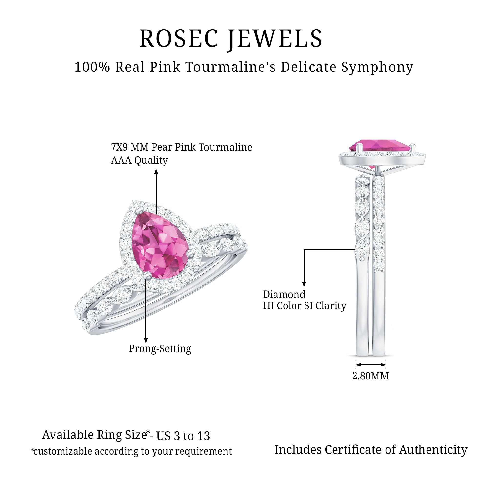 Teardrop Pink tourmaline Bridal Ring Set with Diamond AAA - Rosec Jewels