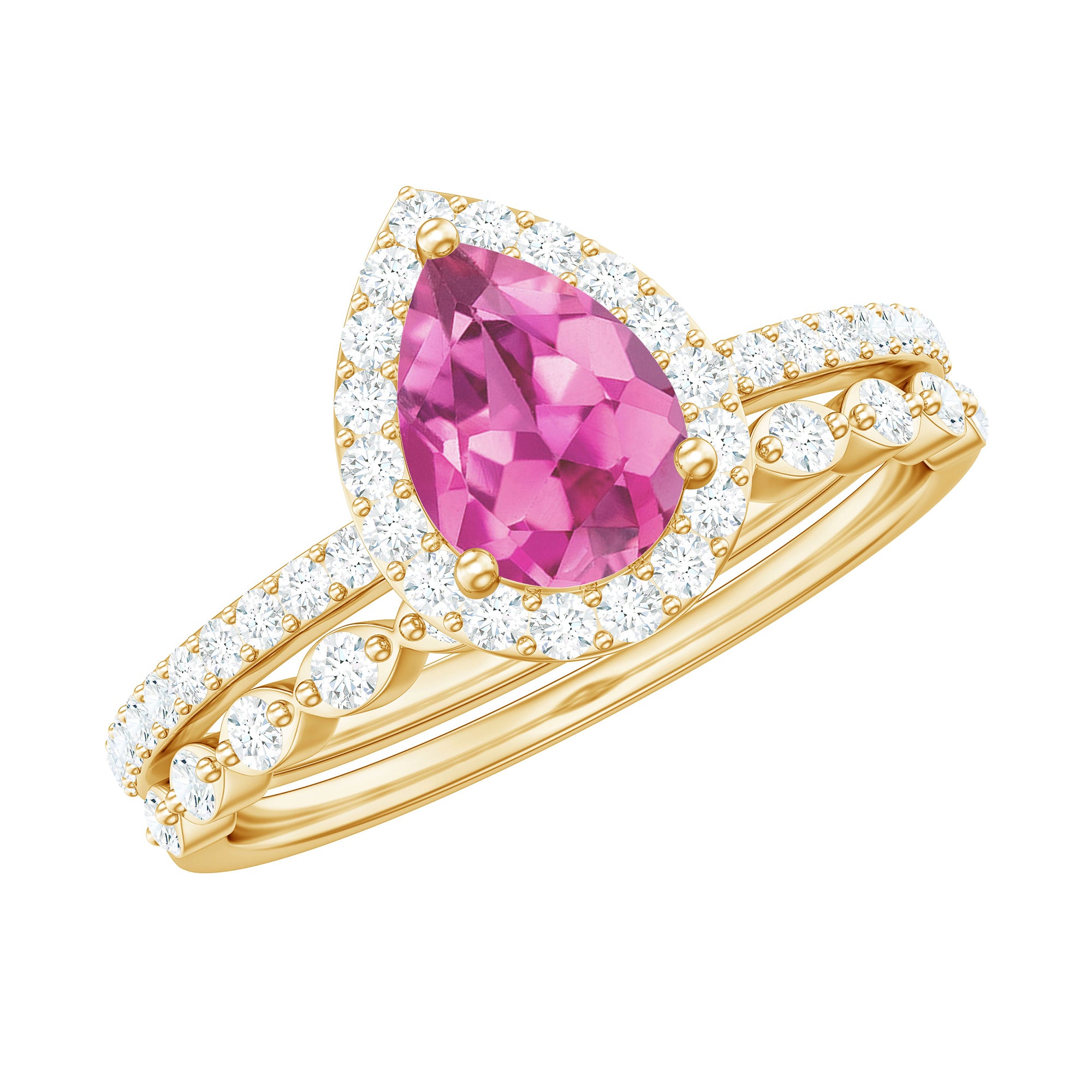 Teardrop Pink tourmaline Bridal Ring Set with Diamond AAA - Rosec Jewels