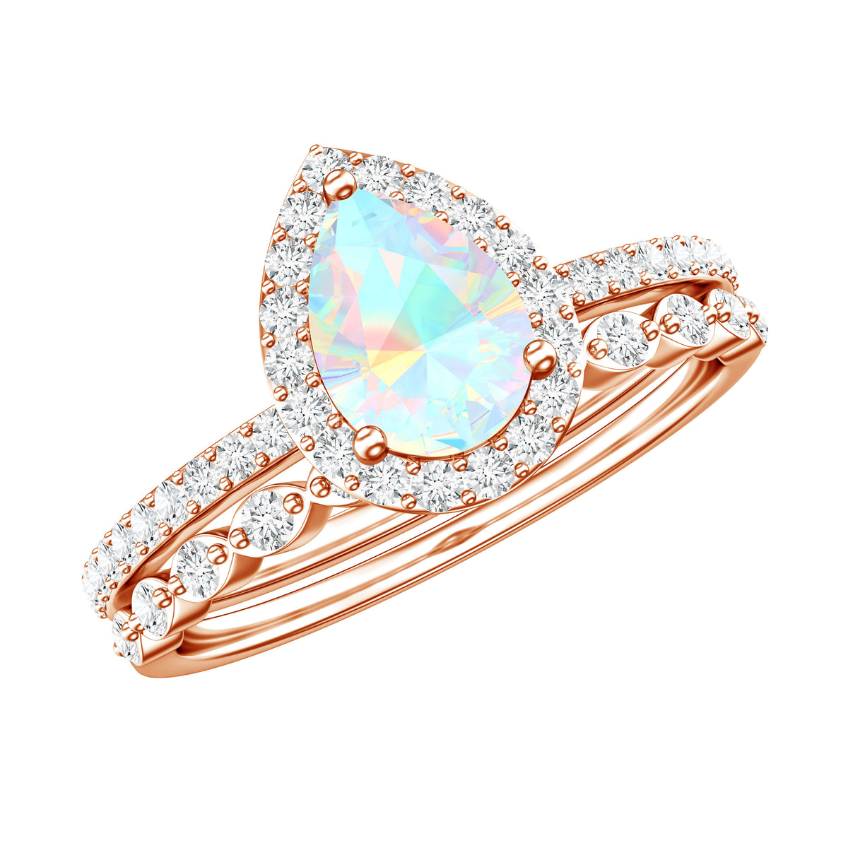 Natural Ethiopian Opal Diamond Pear Shaped Engagement Ring and Wedding Band Set AAA - Rosec Jewels