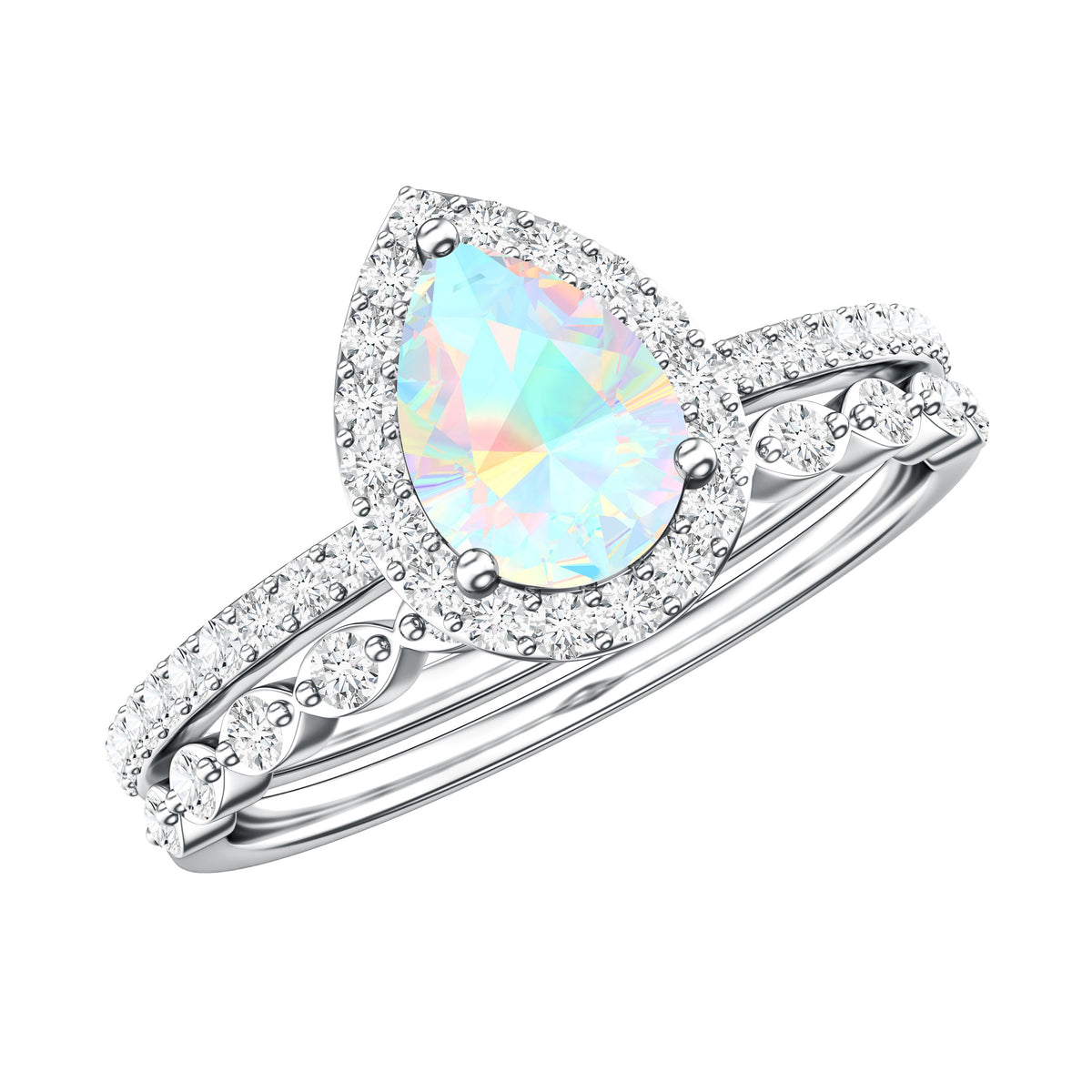 Natural Ethiopian Opal Diamond Pear Shaped Engagement Ring and Wedding Band Set AAA - Rosec Jewels