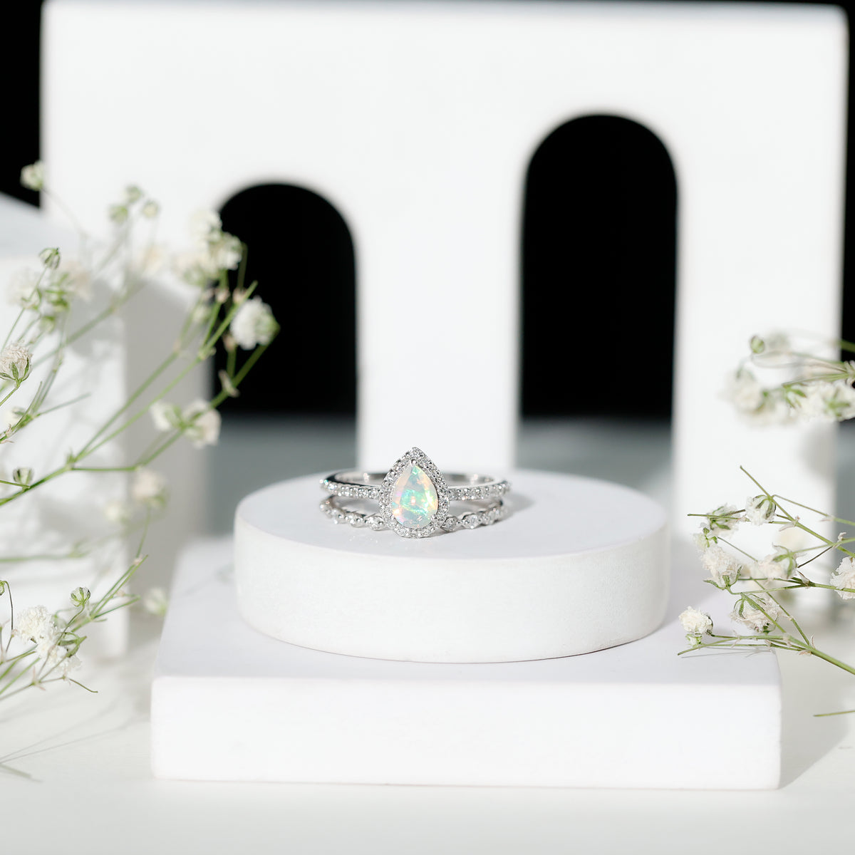 Natural Ethiopian Opal Diamond Pear Shaped Engagement Ring and Wedding Band Set AAA - Rosec Jewels