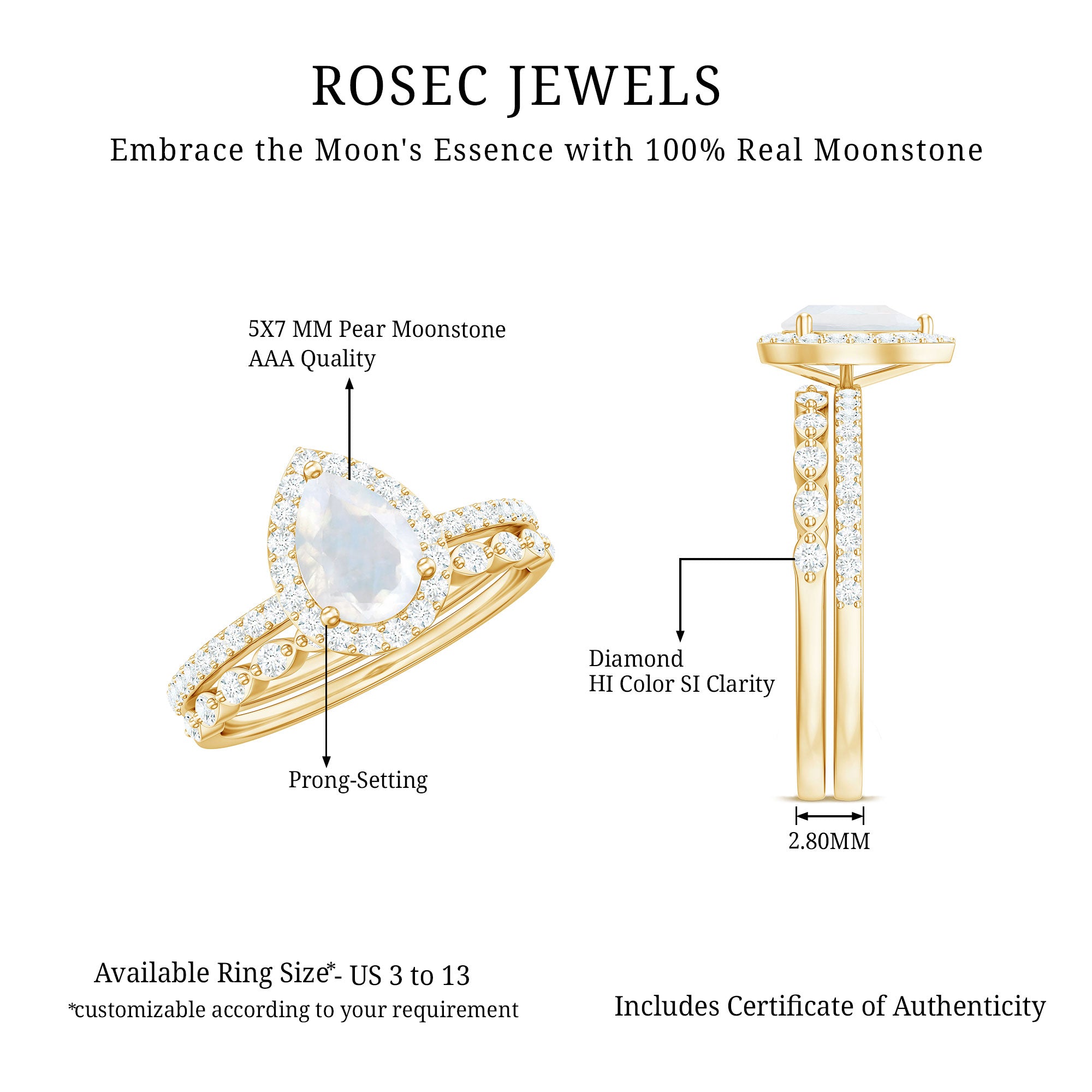 Teardrop Moonstone Bridal Ring Set with Diamond AAA - Rosec Jewels