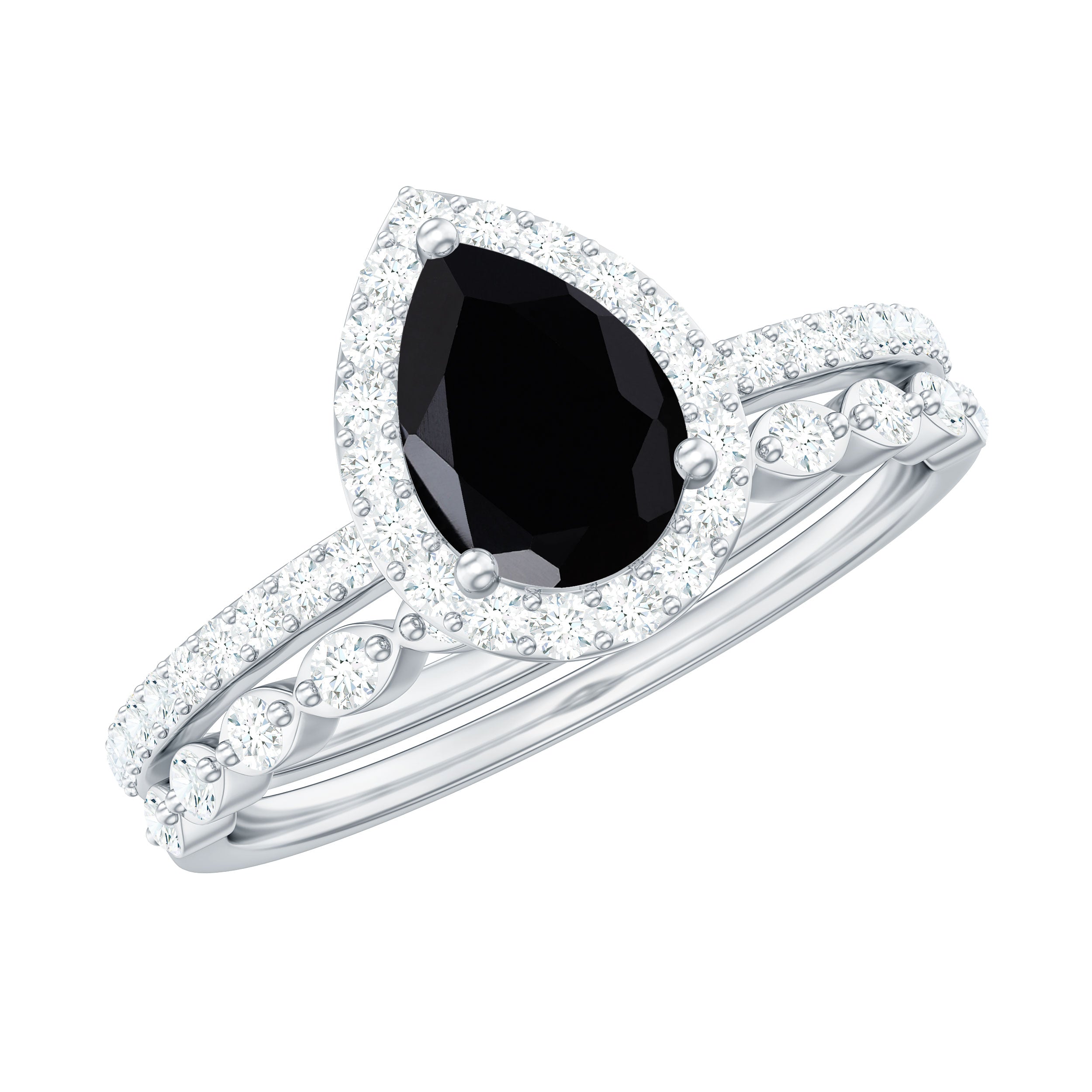 Pear Shaped Black Onyx and Diamond Halo Bridal Ring Set With Certificate AAA - Rosec Jewels
