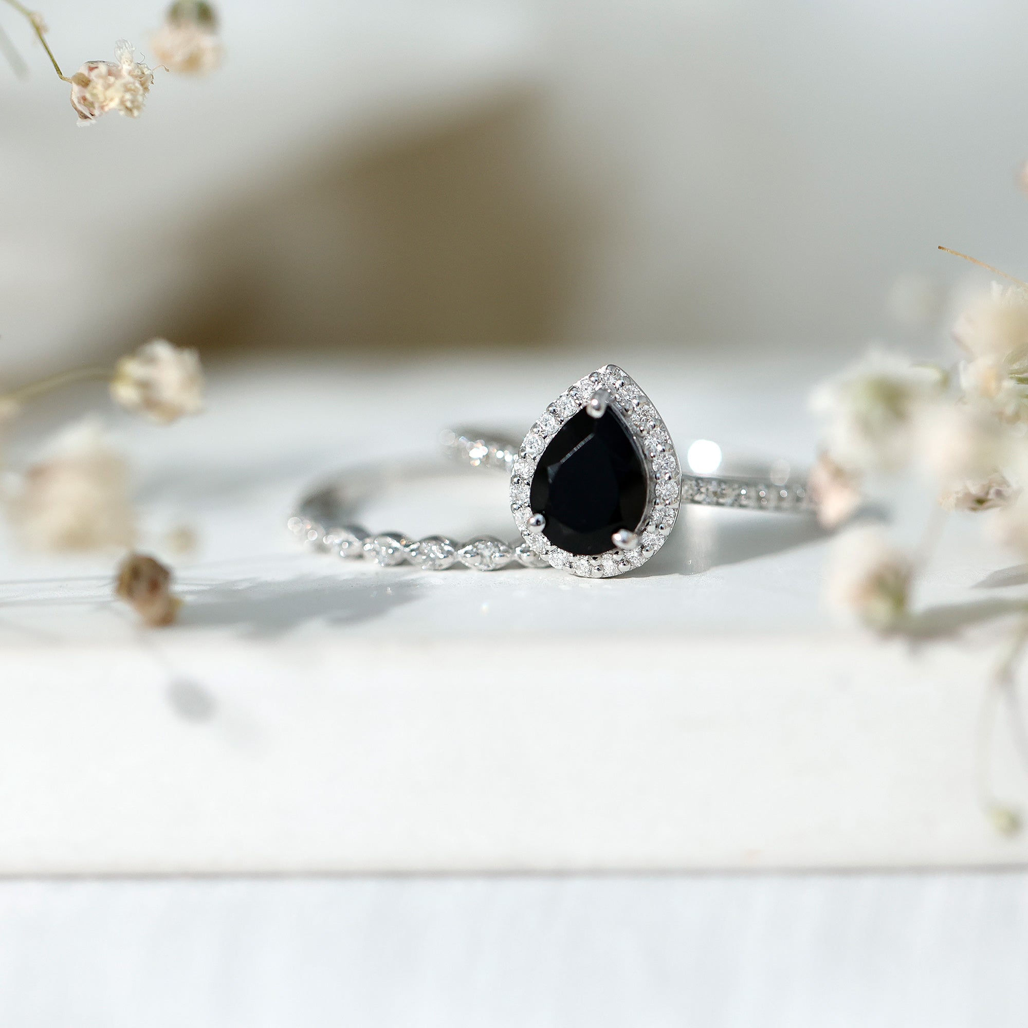 Pear Shaped Black Onyx and Diamond Halo Bridal Ring Set With Certificate AAA - Rosec Jewels