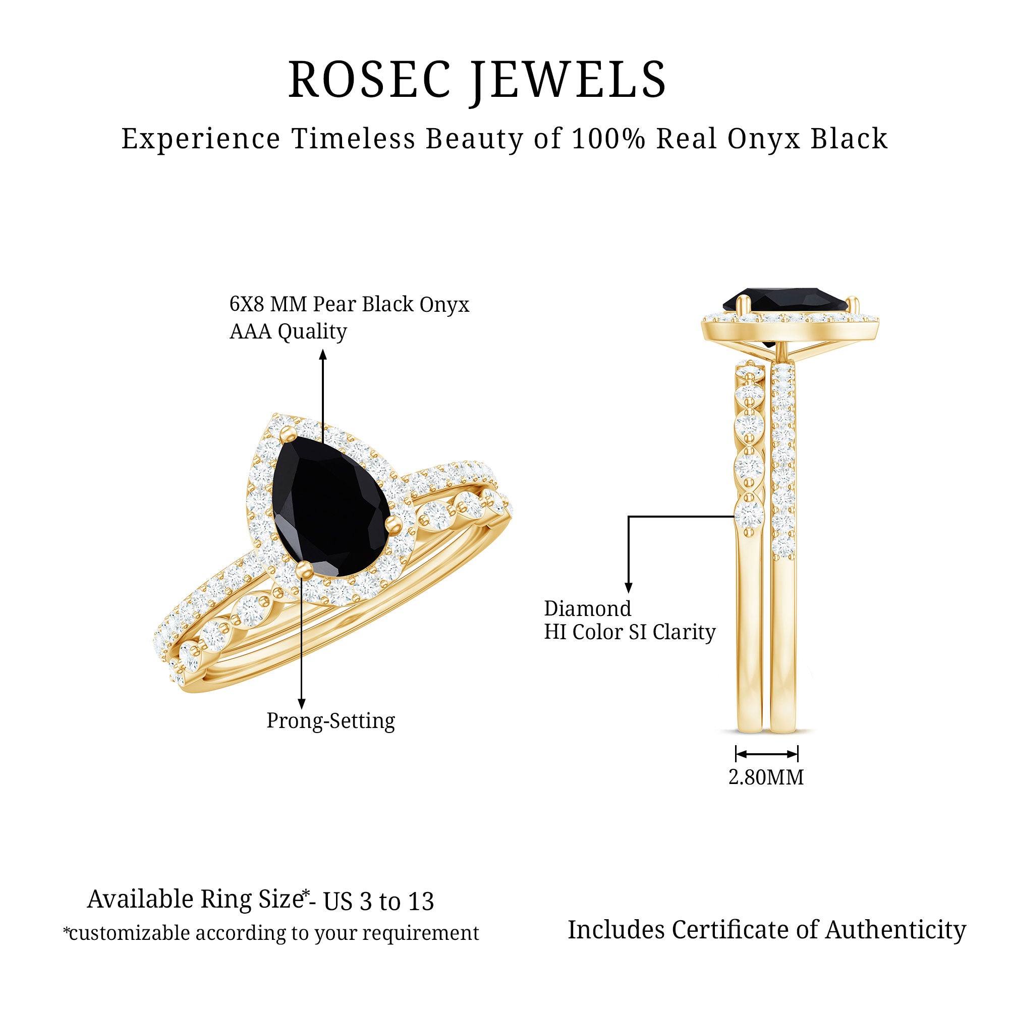 Pear Shaped Black Onyx and Diamond Halo Bridal Ring Set With Certificate AAA - Rosec Jewels