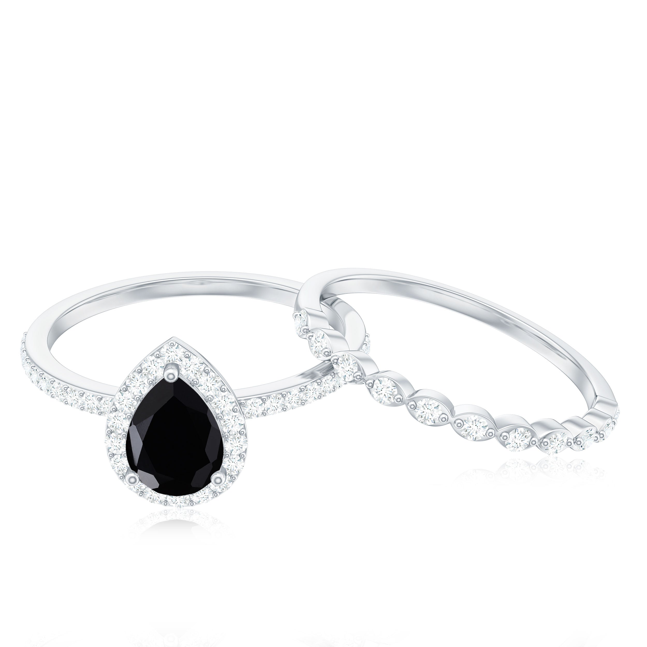 Rosec Jewels-Natural Pear Shape Black Spinel Diamond Wedding Engagement Ring Set of 2
