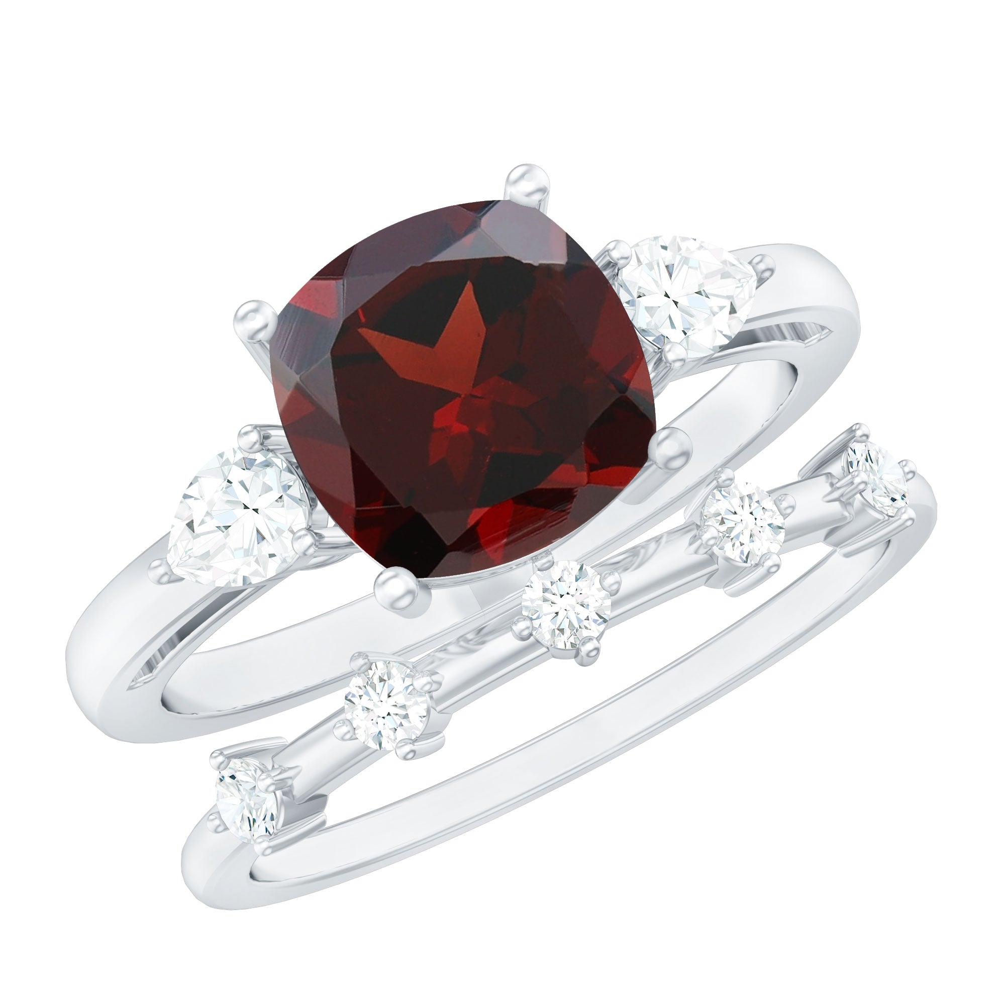Rosec Jewels-Natural 8 mm Cushion Cut Garnet Diamond Wedding Bridal Ring Set