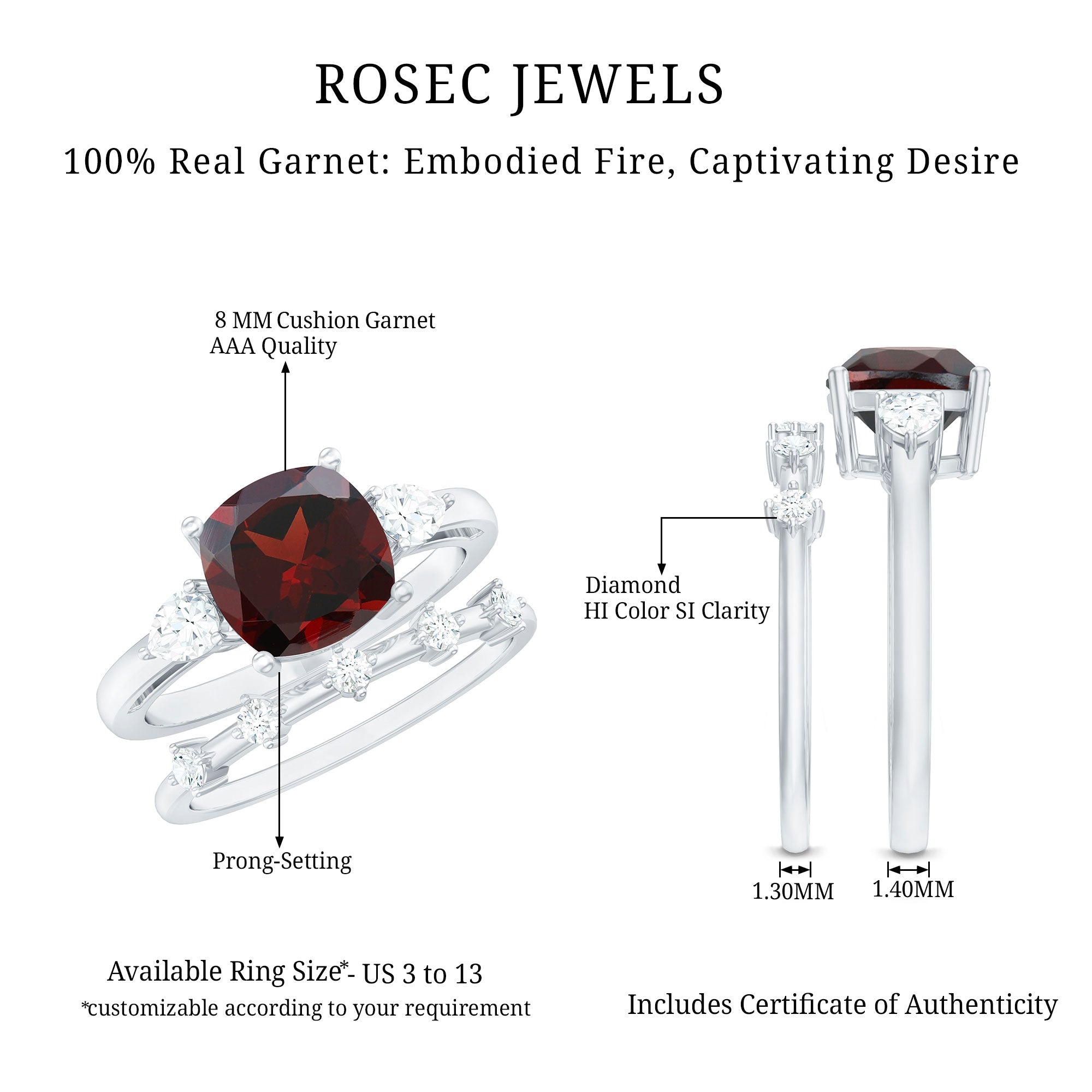 Rosec Jewels-Natural 8 mm Cushion Cut Garnet Diamond Wedding Bridal Ring Set