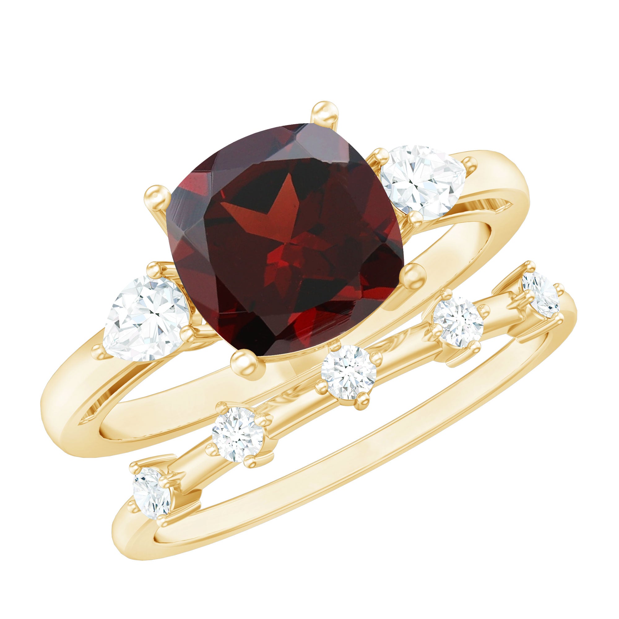 Rosec Jewels-Natural 8 mm Cushion Cut Garnet Diamond Wedding Bridal Ring Set