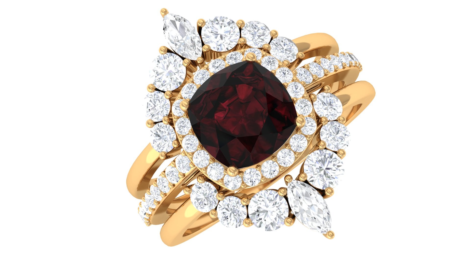 Natural 8mm Cushion Cut Garnet Statement Bridal Ring Set AAA - Rosec Jewels