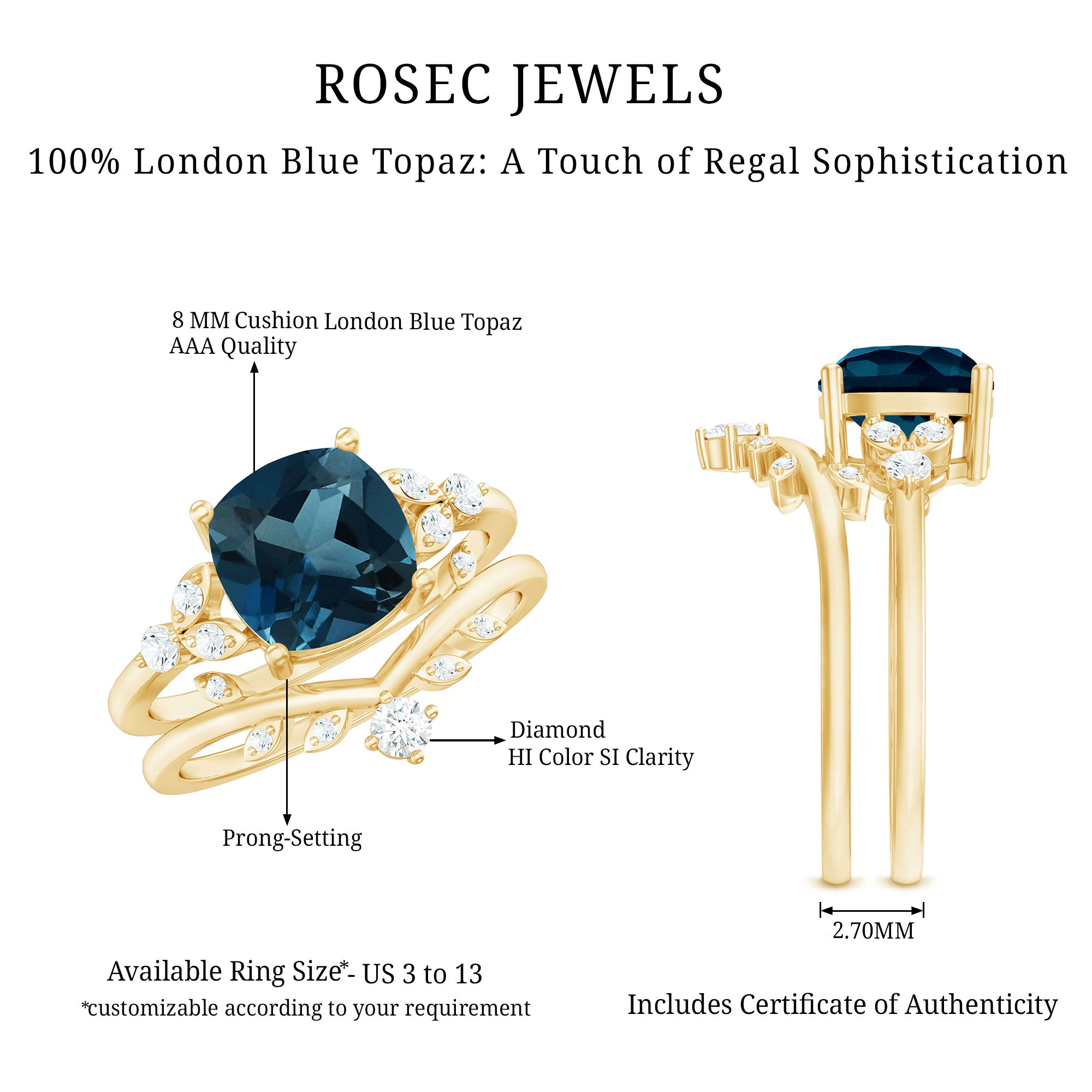 Vintage London Blue Topaz and Diamond Engagement Ring Set AAA - Rosec Jewels