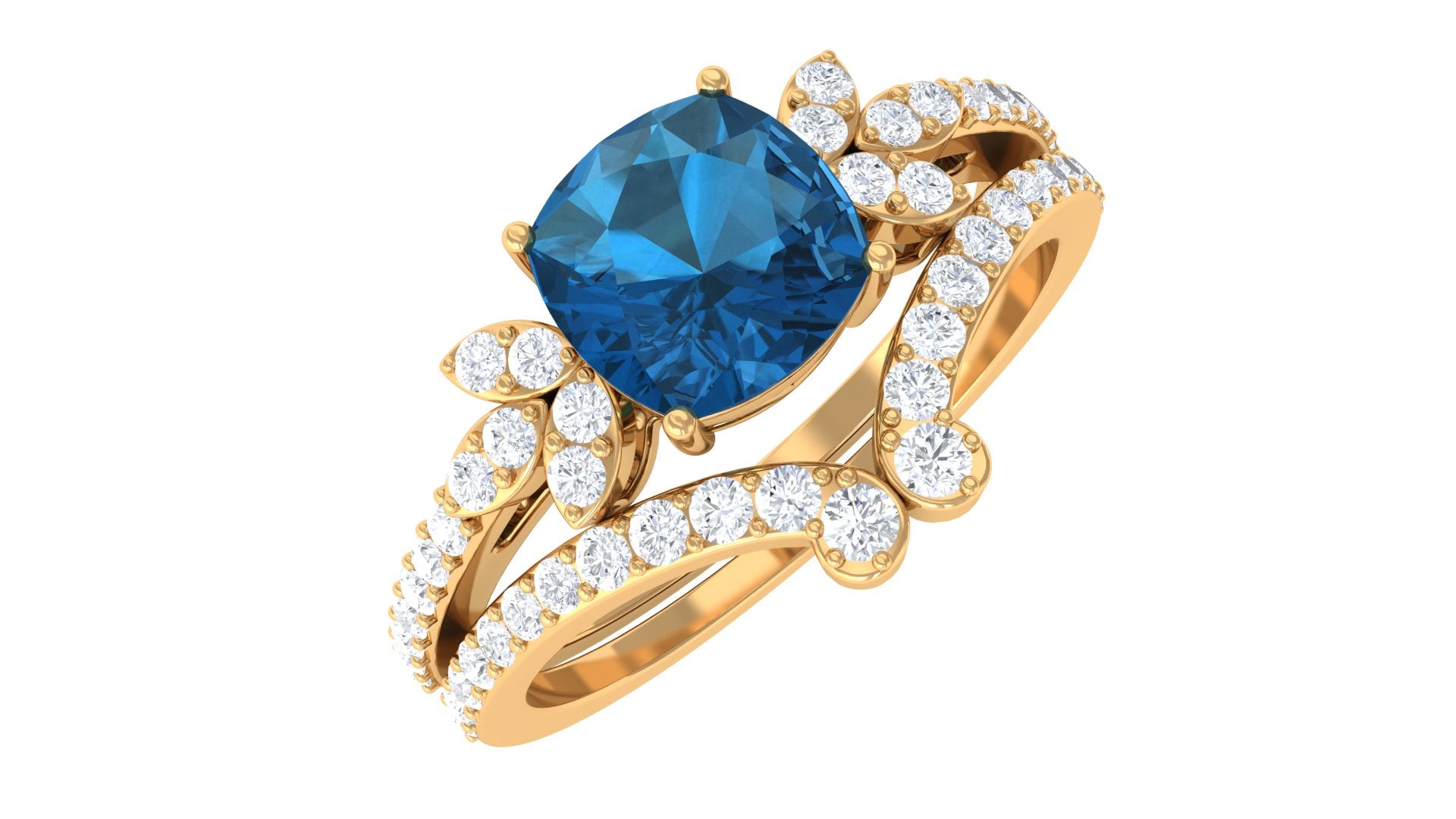 Rosec Jewels-Cushion Cut London Blue Topaz Designer Wedding Ring Set with Diamond Band