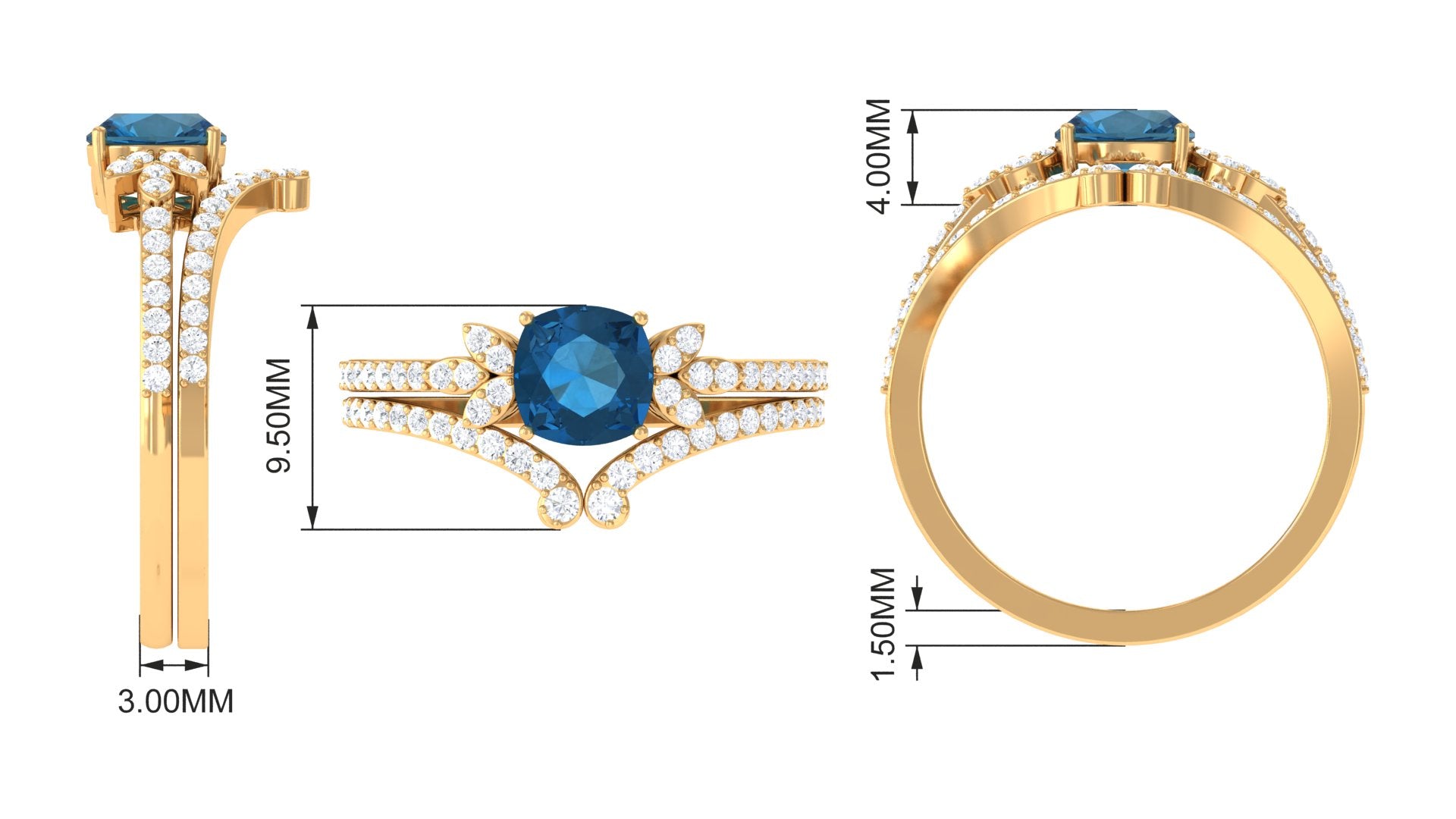 Rosec Jewels-Cushion Cut London Blue Topaz Designer Wedding Ring Set with Diamond Band