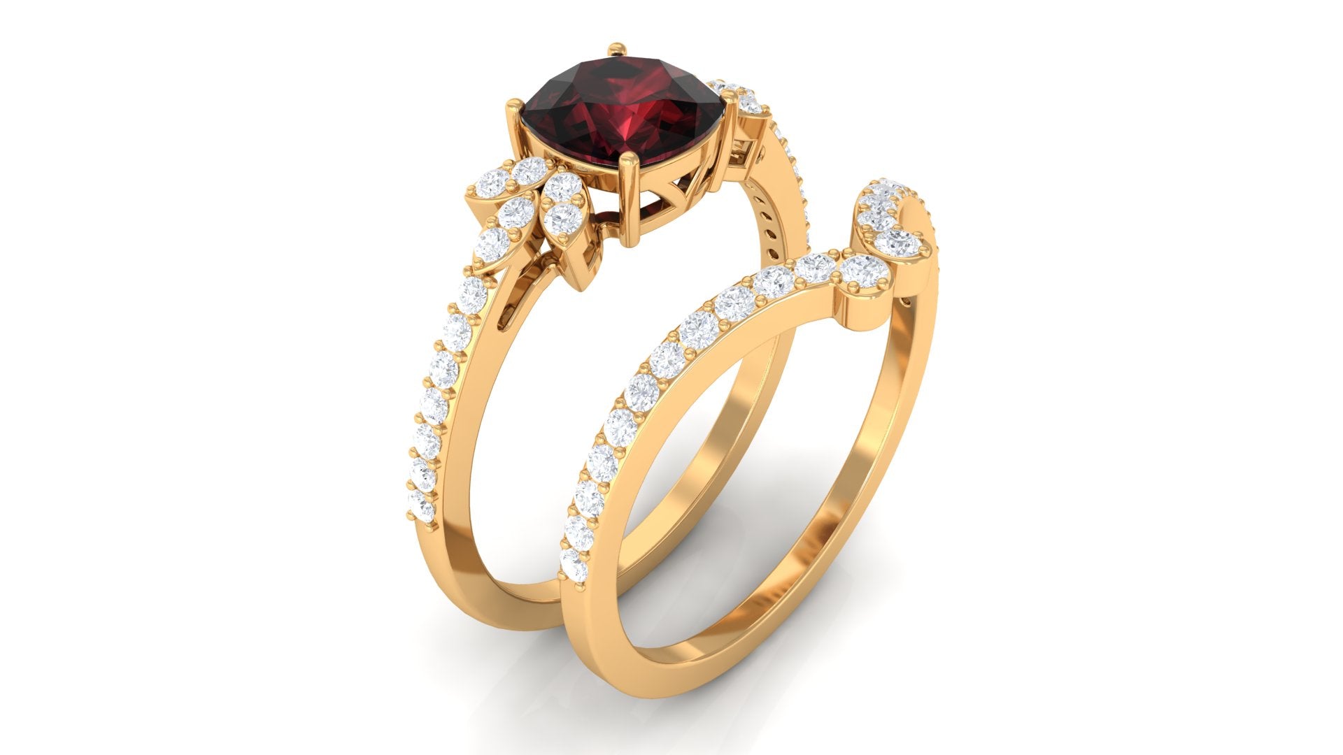 Cushion Cut Garnet and Diamond Designer Wedding Ring Set For Her AAA - Rosec Jewels