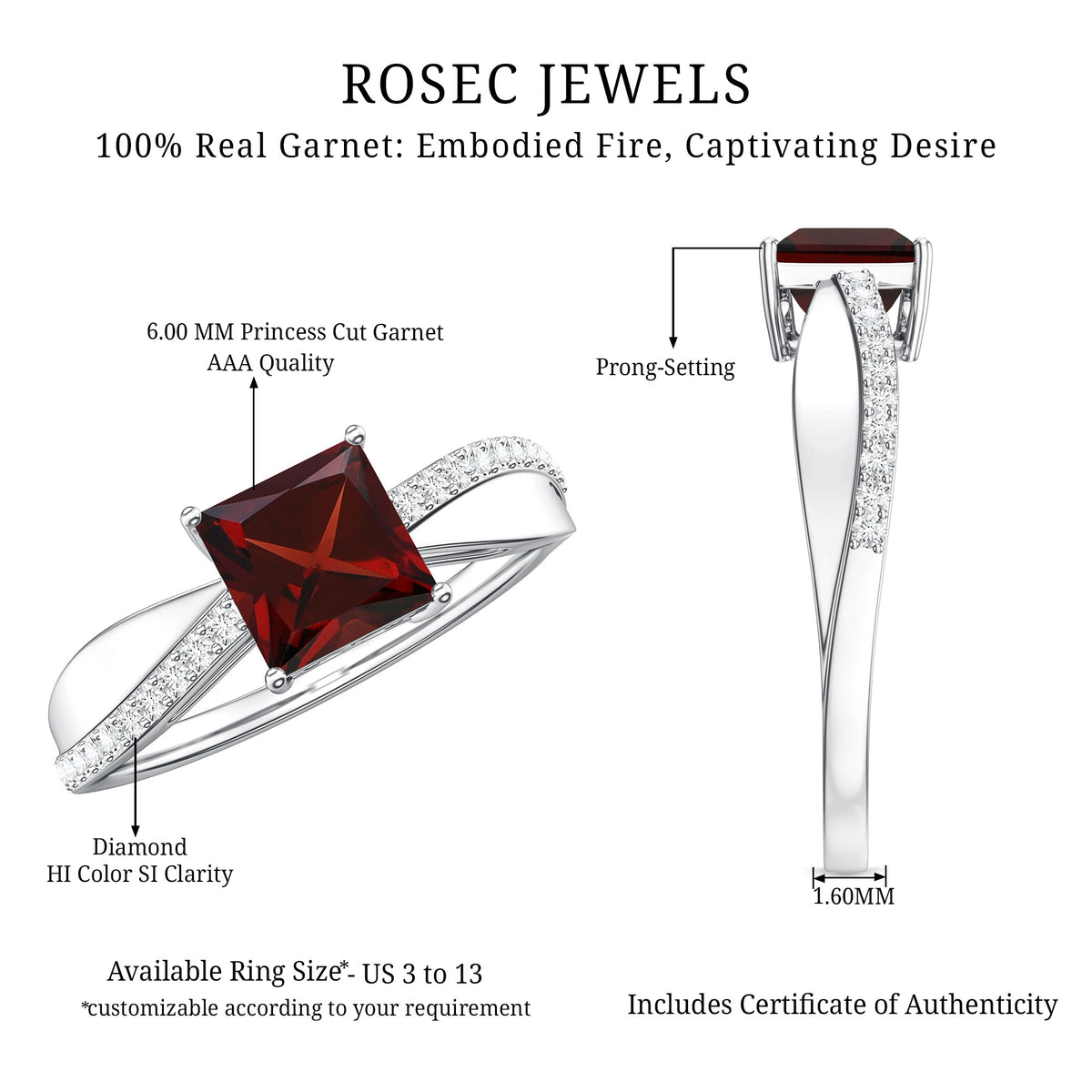 Princess Cut Garnet Solitaire Engagement Ring with Diamond AAA - Rosec Jewels