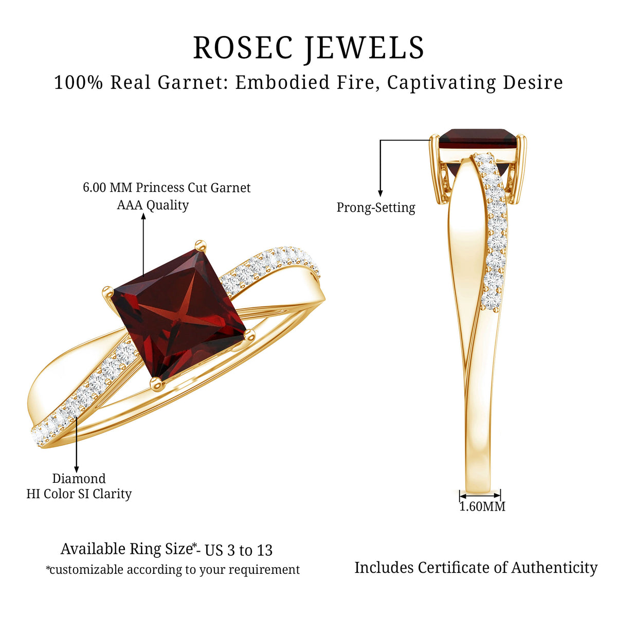 Princess Cut Garnet Solitaire Engagement Ring with Diamond AAA - Rosec Jewels