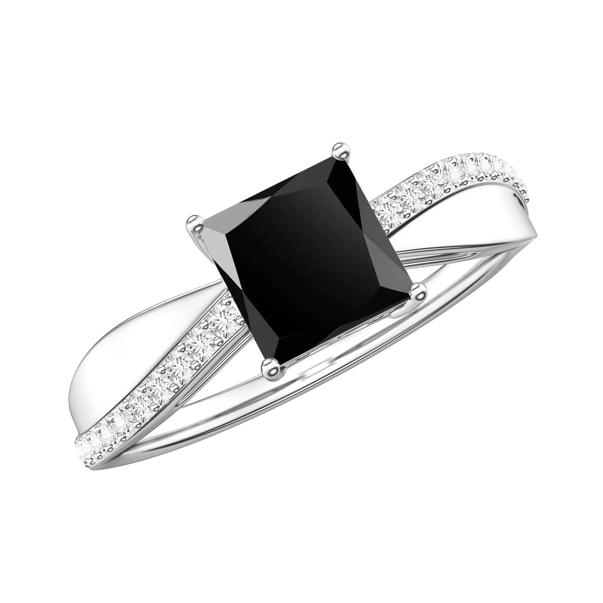 0.5 Carat Princess Cut Black Onyx Solitaire Engagement Ring with Diamond AAA - Rosec Jewels
