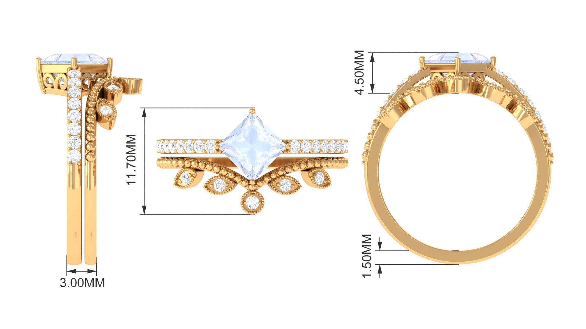 Rosec Jewels-Princess Cut Moonstone Vintage Ring Set with Diamond