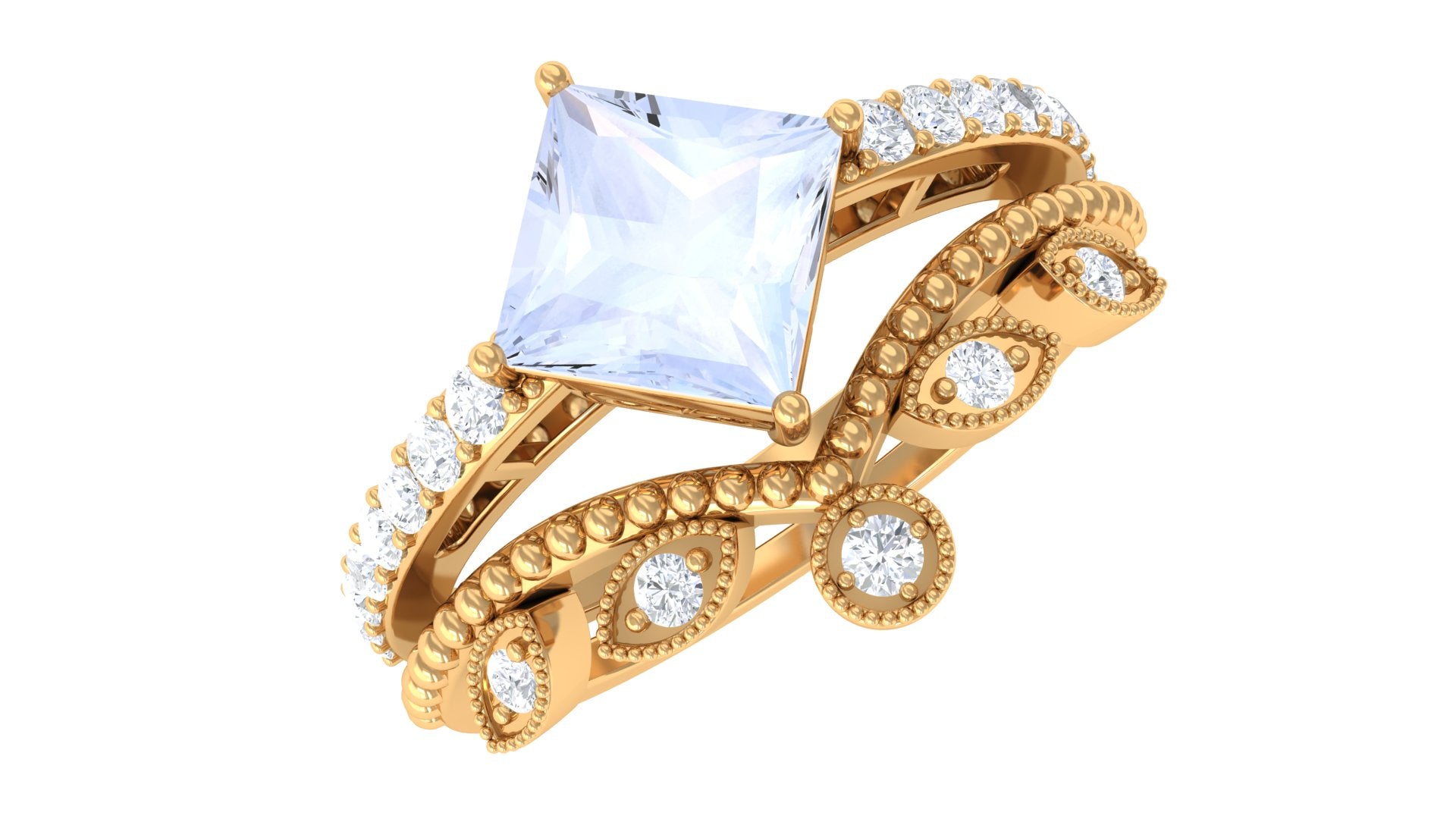 Rosec Jewels-Princess Cut Moonstone Vintage Ring Set with Diamond