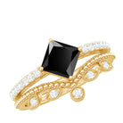 5mm Princess Cut Black Onyx Engagement Ring with Diamond Wedding Band AAA - Rosec Jewels