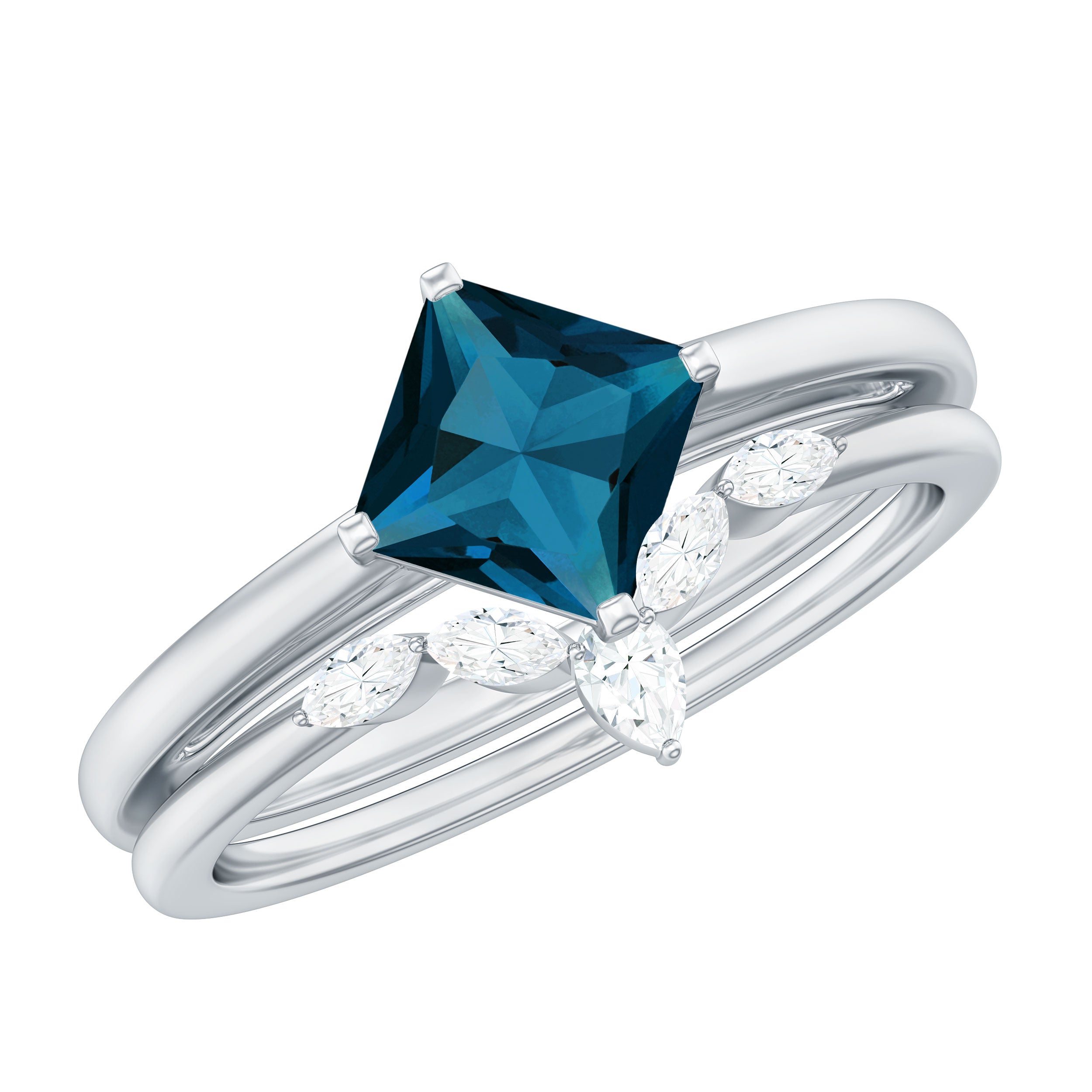 Rosec Jewels-Princess Cut London Blue Topaz Designer Wedding Ring Set for Women