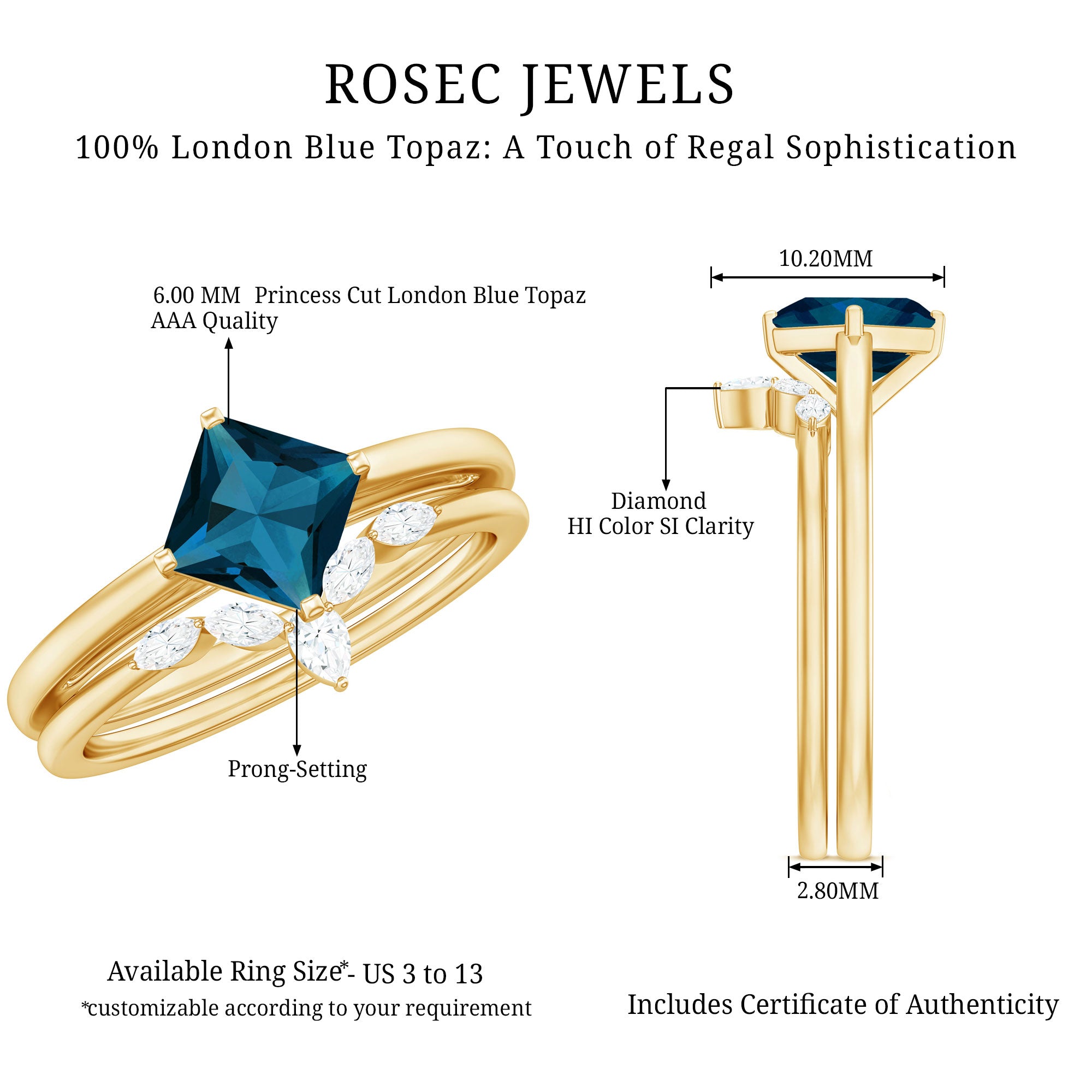Rosec Jewels-Princess Cut London Blue Topaz Designer Wedding Ring Set for Women