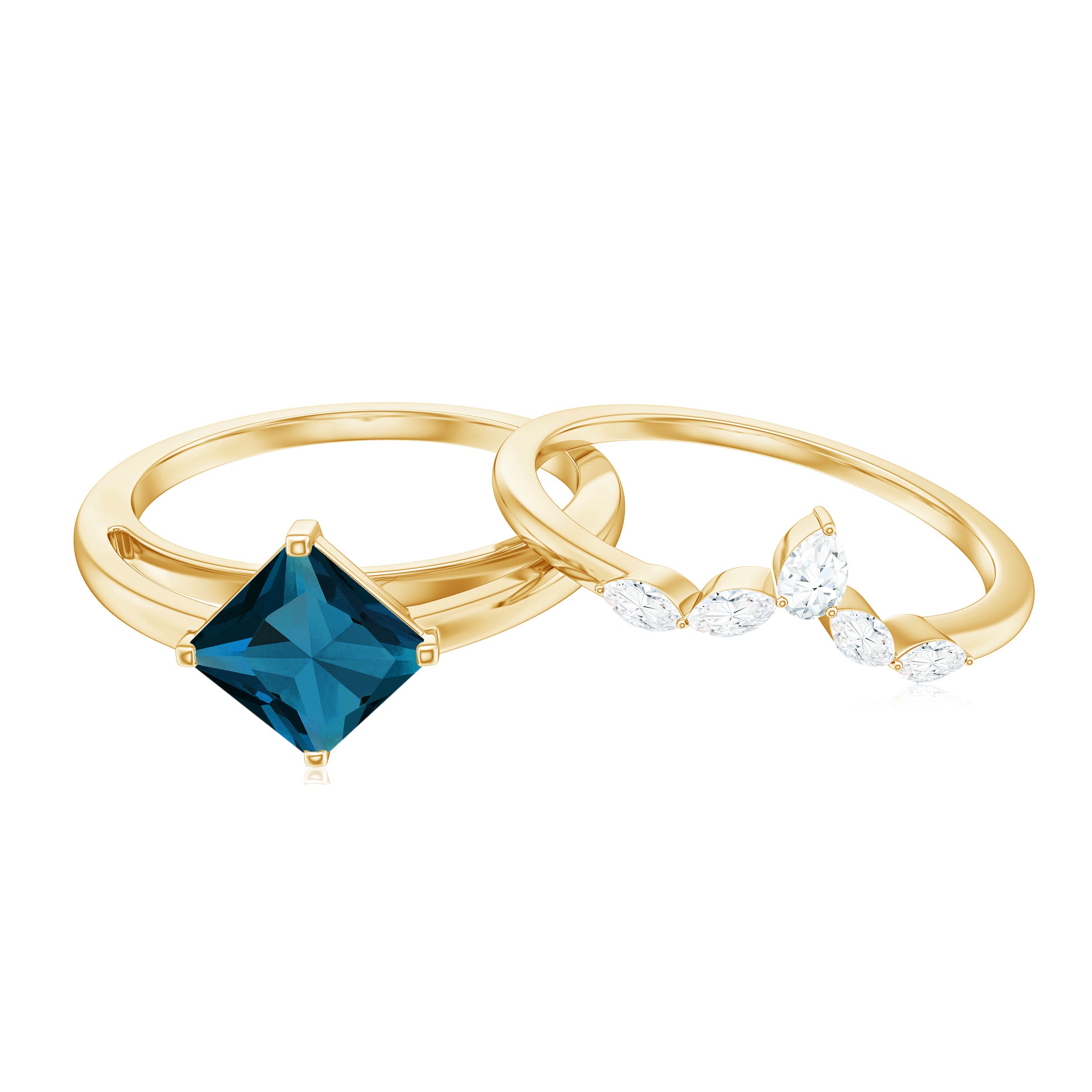 Rosec Jewels-Princess Cut London Blue Topaz Designer Wedding Ring Set for Women