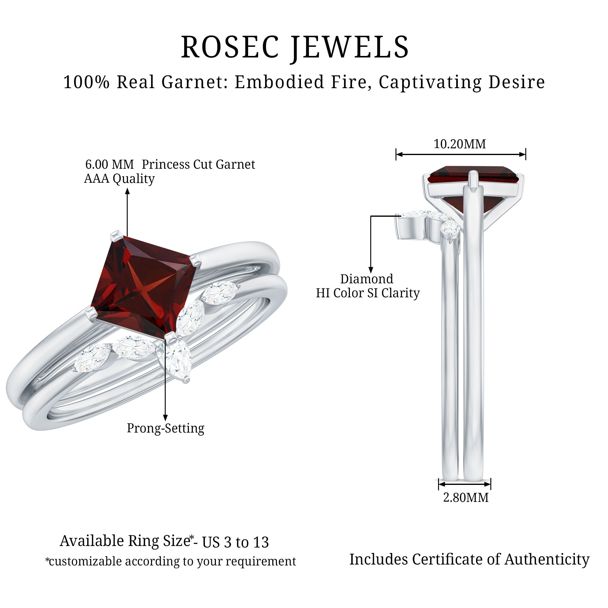 6MM Princess Cut Garnet Solitaire Bridal Ring Set with Diamonds AAA - Rosec Jewels