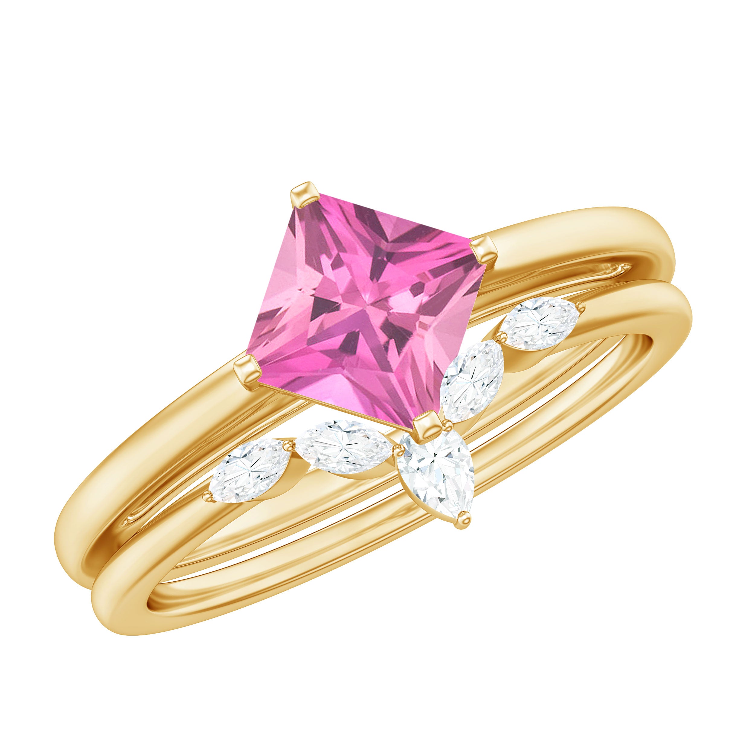 Princess Cut Pink Tourmaline Solitaire Ring Set with Diamond AAA - Rosec Jewels