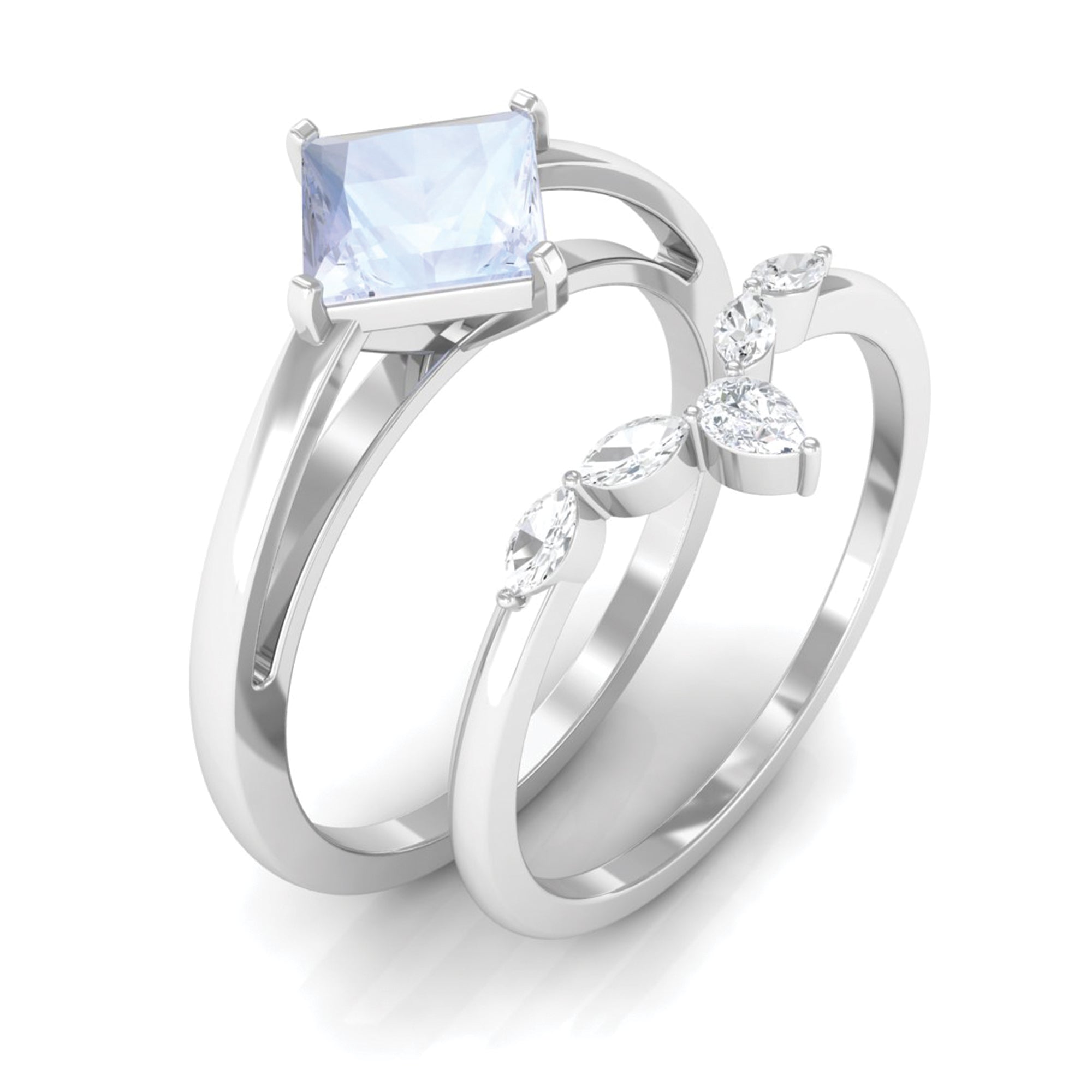 Rosec Jewels-Princess Cut Moonstone and Diamond Solitaire Ring Set