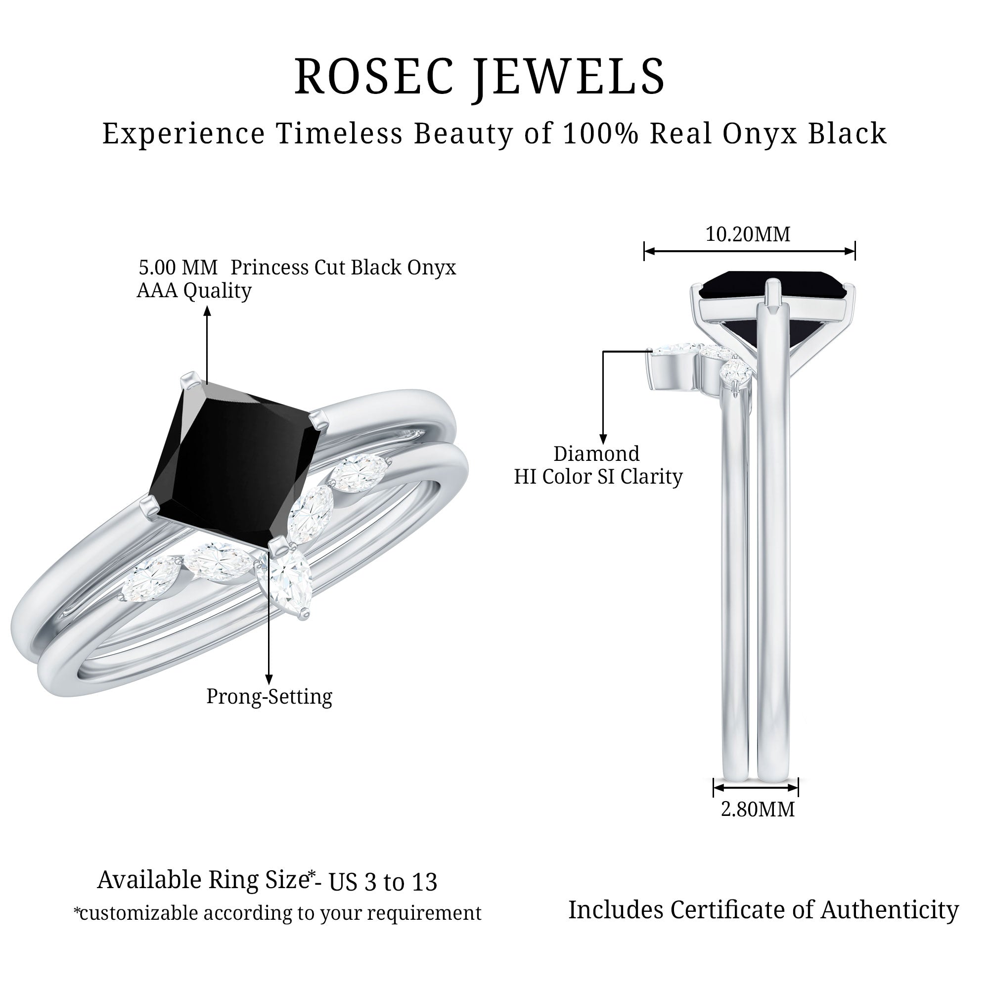 5mm Princess Cut Black Onyx Solitaire Rings Set with Diamond Enhancer AAA - Rosec Jewels