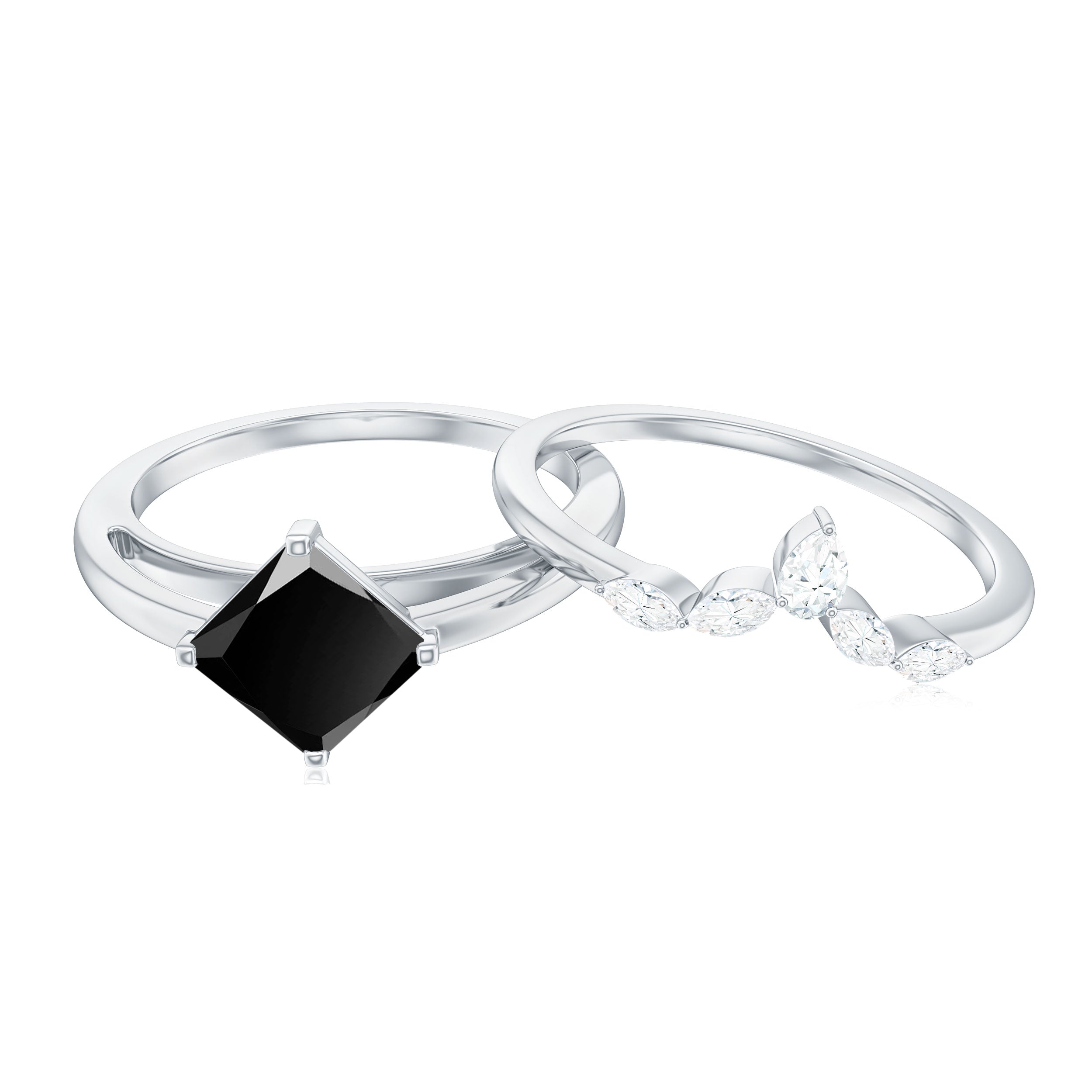 5mm Princess Cut Black Onyx Solitaire Rings Set with Diamond Enhancer AAA - Rosec Jewels