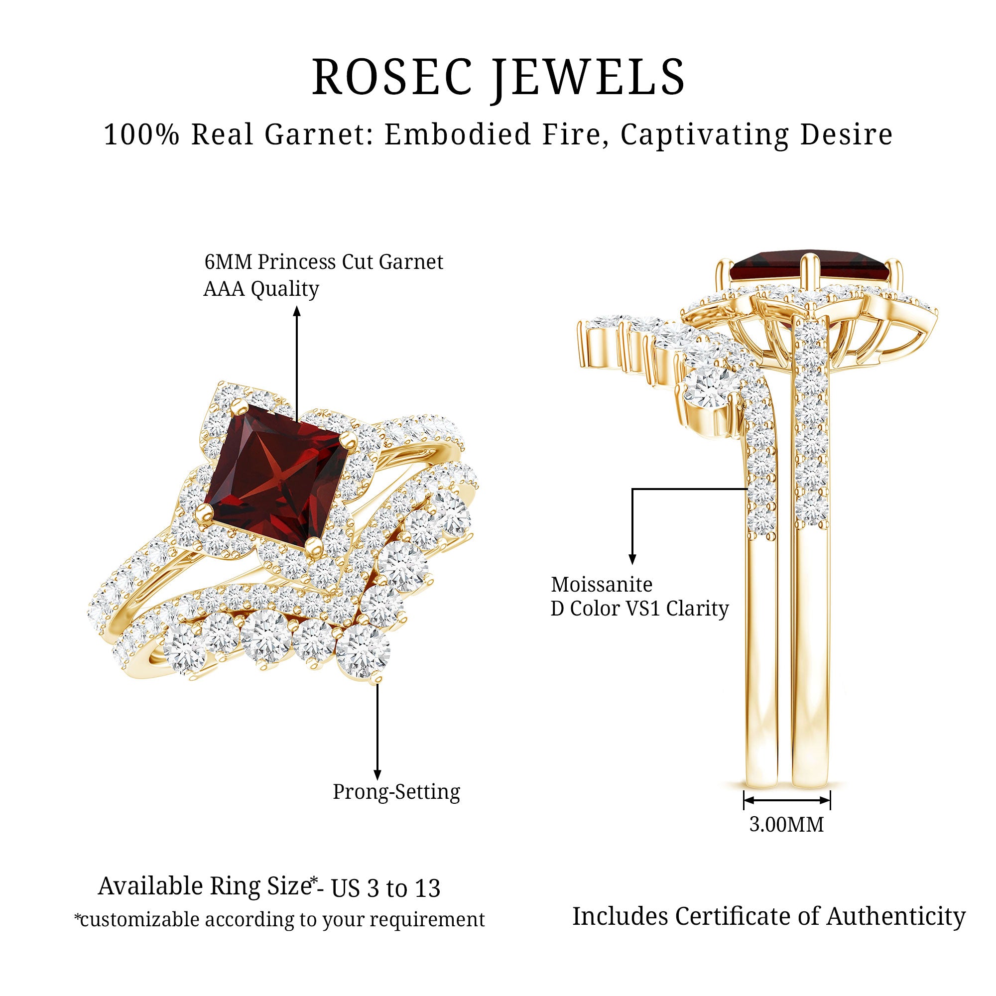 Rosec Jewels-Princess Cut Garnet Designer Wedding Ring Set with Moissanite