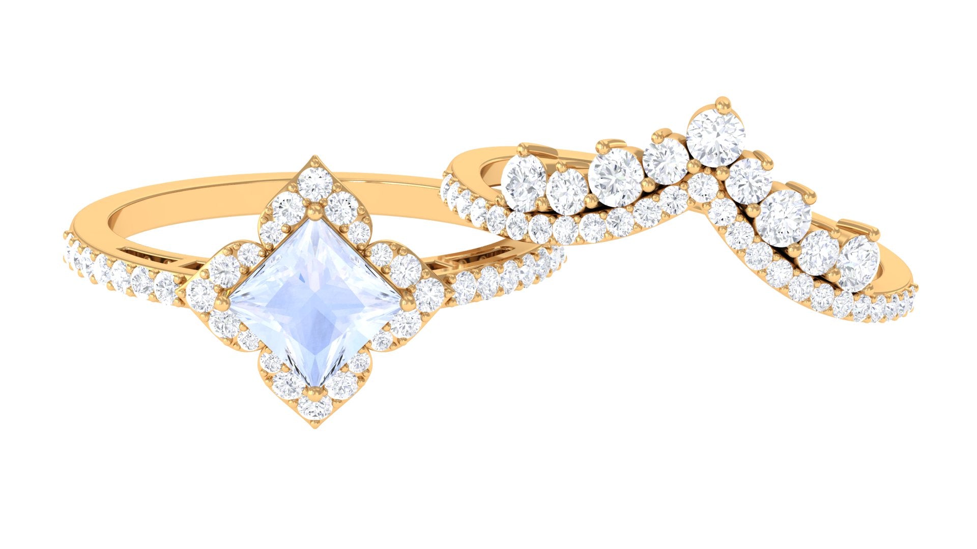 Moonstone and Moissanite Statement Wedding Ring Set AAA - Rosec Jewels